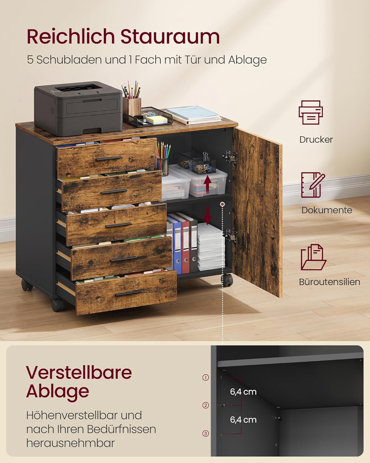 VASAGLE Rollcontainer, mobiler Aktenschrank, Schubladenschrank, Schrank mit Tür, Druckerständer mit 5 Schubladen, mit schraubenlosen Gleitschienen, für Büro, Homeoffice, vintagebraun OFC092KD02 — Ansicht 5