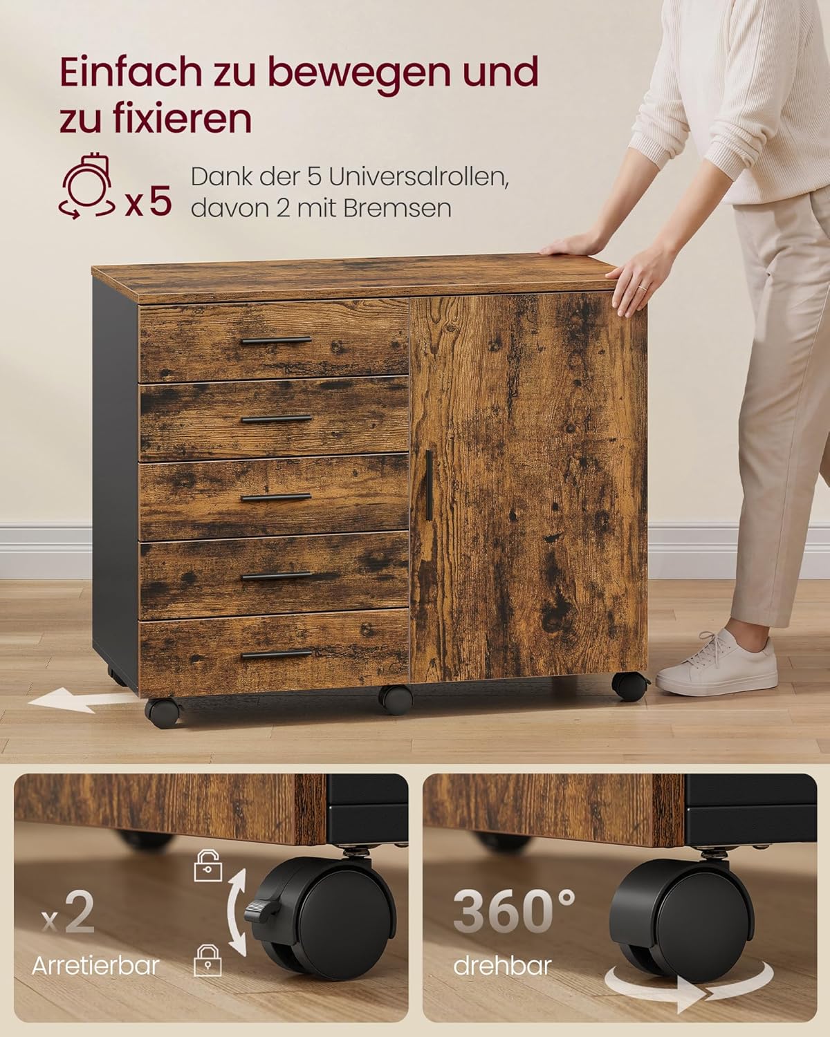 VASAGLE Rollcontainer, mobiler Aktenschrank, Schubladenschrank, Schrank mit Tür, Druckerständer mit 5 Schubladen, mit schraubenlosen Gleitschienen, für Büro, Homeoffice, vintagebraun OFC092KD02 — Ansicht 6