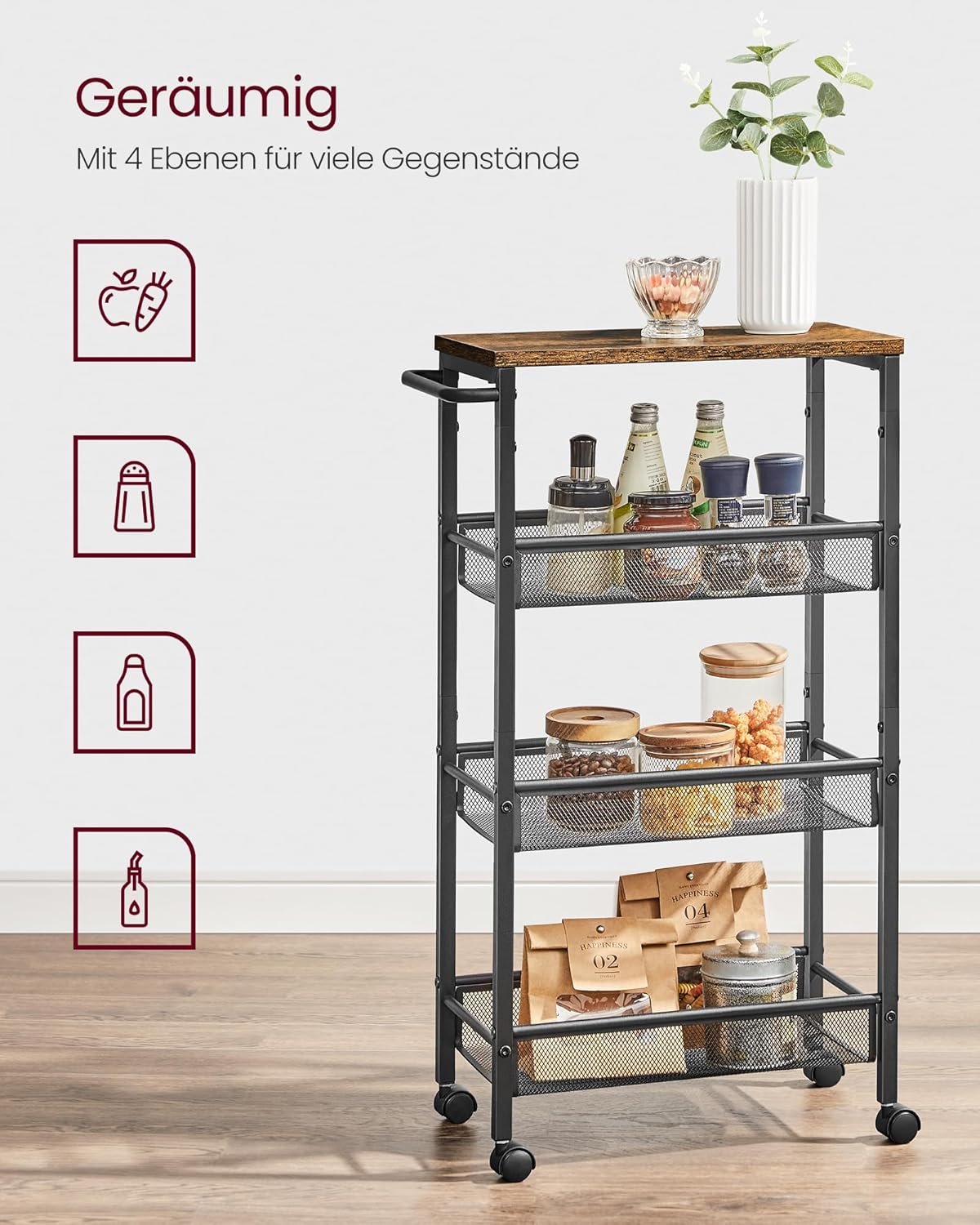 VASAGLE Rollwagen 4 Ebenen, Küchenwagen schmal, Nischenregal auf Rollen, Stahl, Griff, für kleine Räume, 22 x 45,4 x 77 cm, Küche, Bad, Wohnzimmer, Arbeitszimmer, vintagebraun-schwarz LRC033B01 — Ansicht 3