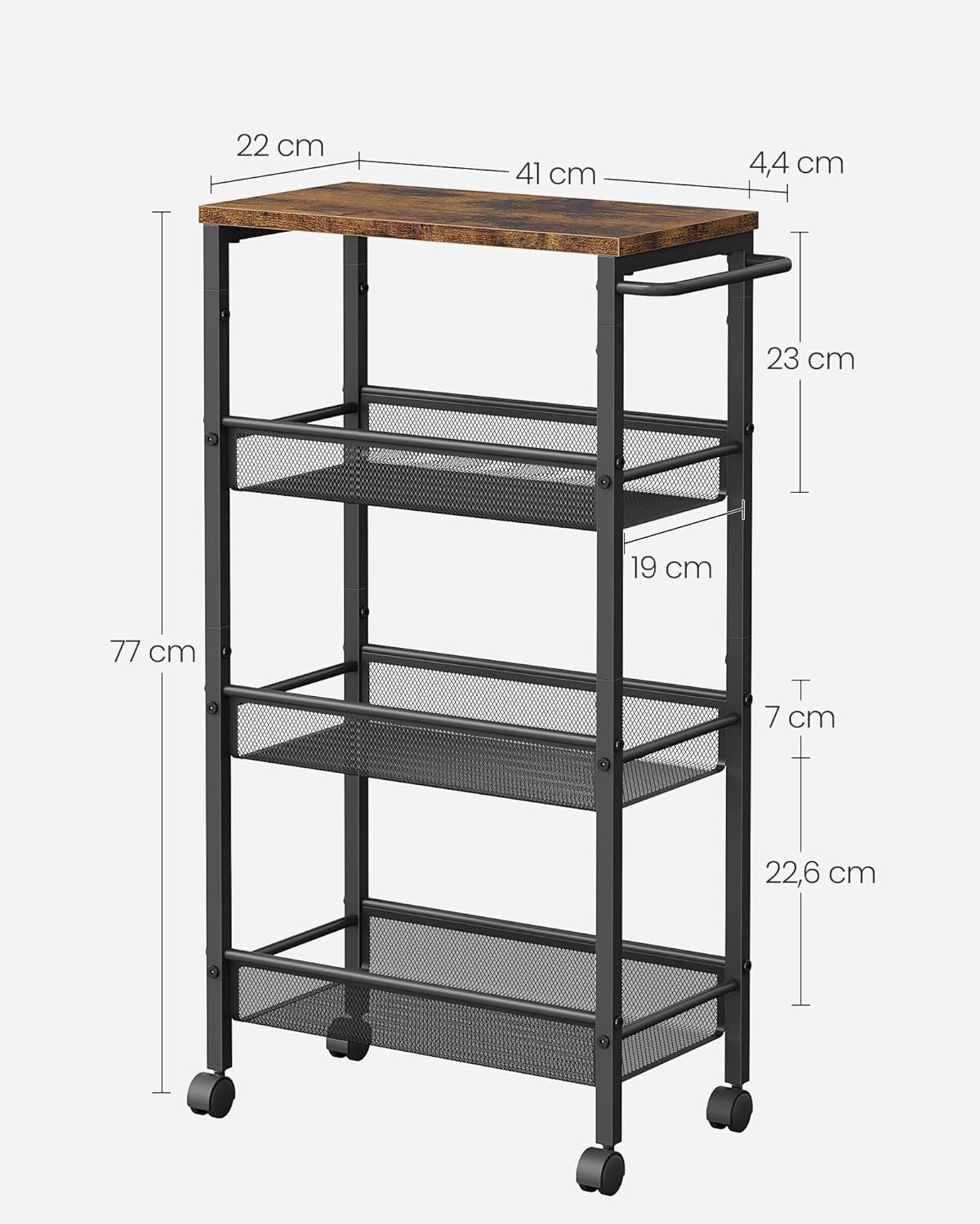 VASAGLE Rollwagen 4 Ebenen, Küchenwagen schmal, Nischenregal auf Rollen, Stahl, Griff, für kleine Räume, 22 x 45,4 x 77 cm, Küche, Bad, Wohnzimmer, Arbeitszimmer, vintagebraun-schwarz LRC033B01 — Ansicht 4