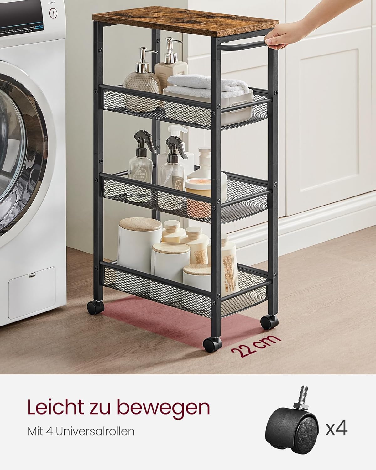 VASAGLE Rollwagen 4 Ebenen, Küchenwagen schmal, Nischenregal auf Rollen, Stahl, Griff, für kleine Räume, 22 x 45,4 x 77 cm, Küche, Bad, Wohnzimmer, Arbeitszimmer, vintagebraun-schwarz LRC033B01 — Ansicht 5