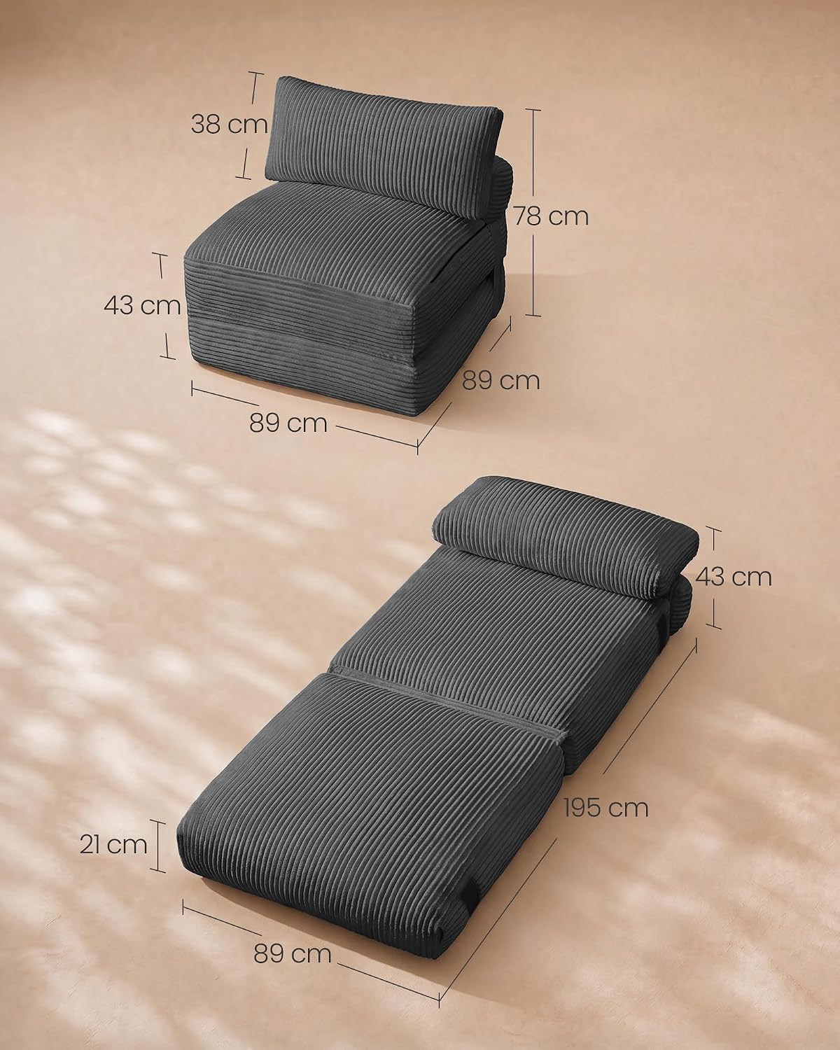 VASAGLE Schlafsessel aus Cord und Schaumstoff, Faltbares Sofabett mit Kissen, 89 x 89 x 78 cm / 89 x 195 x 43 cm, Bleigrau, für Gästezimmer, Camila Kollektion LCS211G101 — Ansicht 2