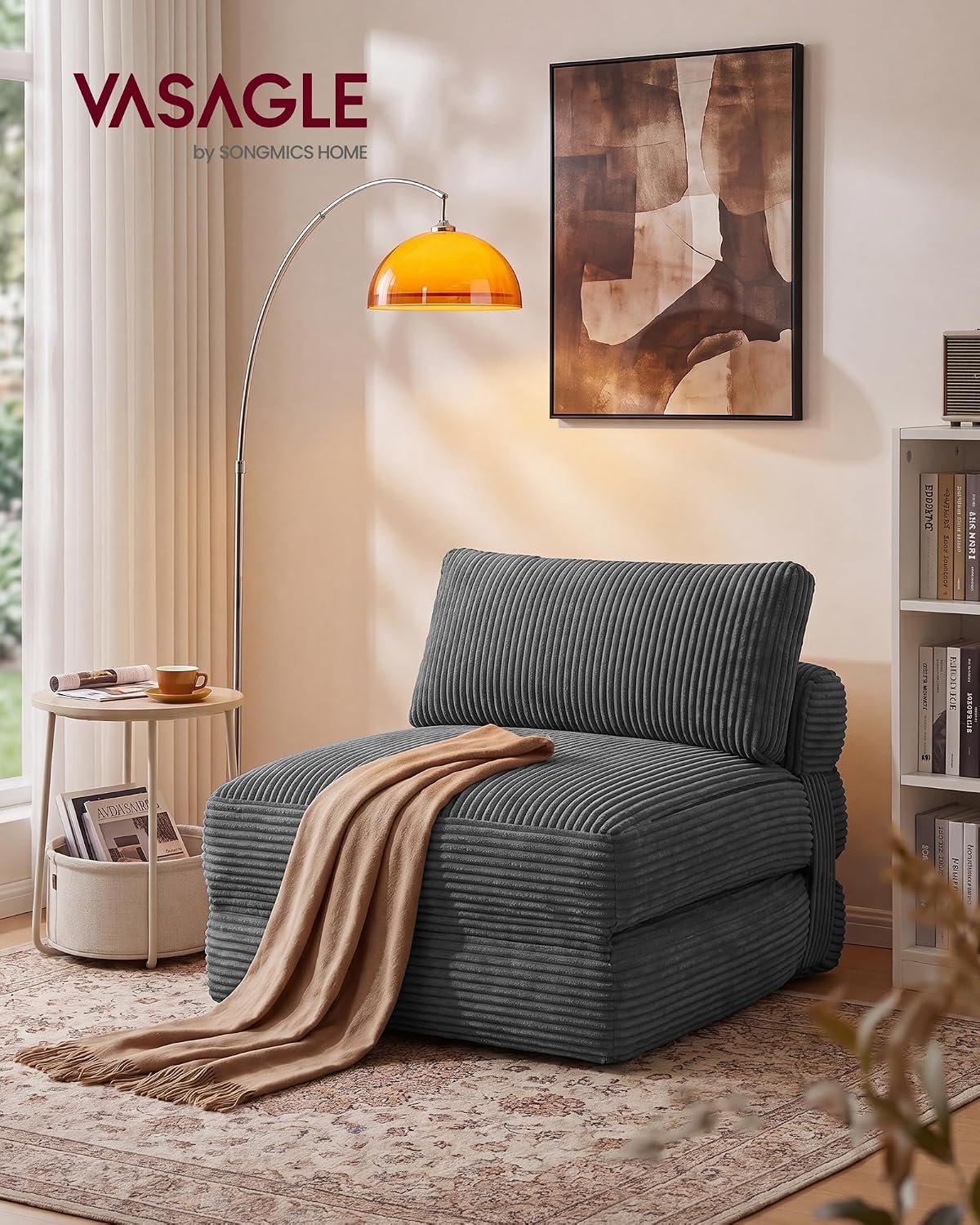 VASAGLE Schlafsessel aus Cord und Schaumstoff, Faltbares Sofabett mit Kissen, 89 x 89 x 78 cm / 89 x 195 x 43 cm, Bleigrau, für Gästezimmer, Camila Kollektion LCS211G101 — Ansicht 3