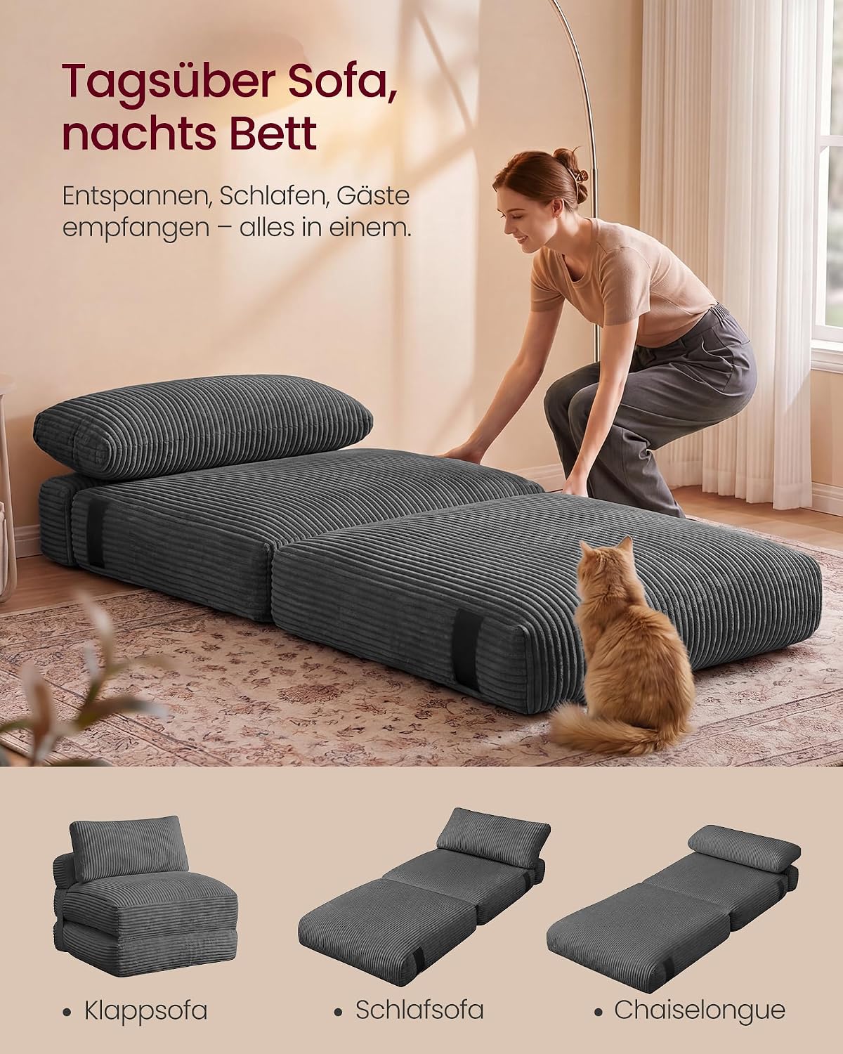 VASAGLE Schlafsessel aus Cord und Schaumstoff, Faltbares Sofabett mit Kissen, 89 x 89 x 78 cm / 89 x 195 x 43 cm, Bleigrau, für Gästezimmer, Camila Kollektion LCS211G101 — Ansicht 4