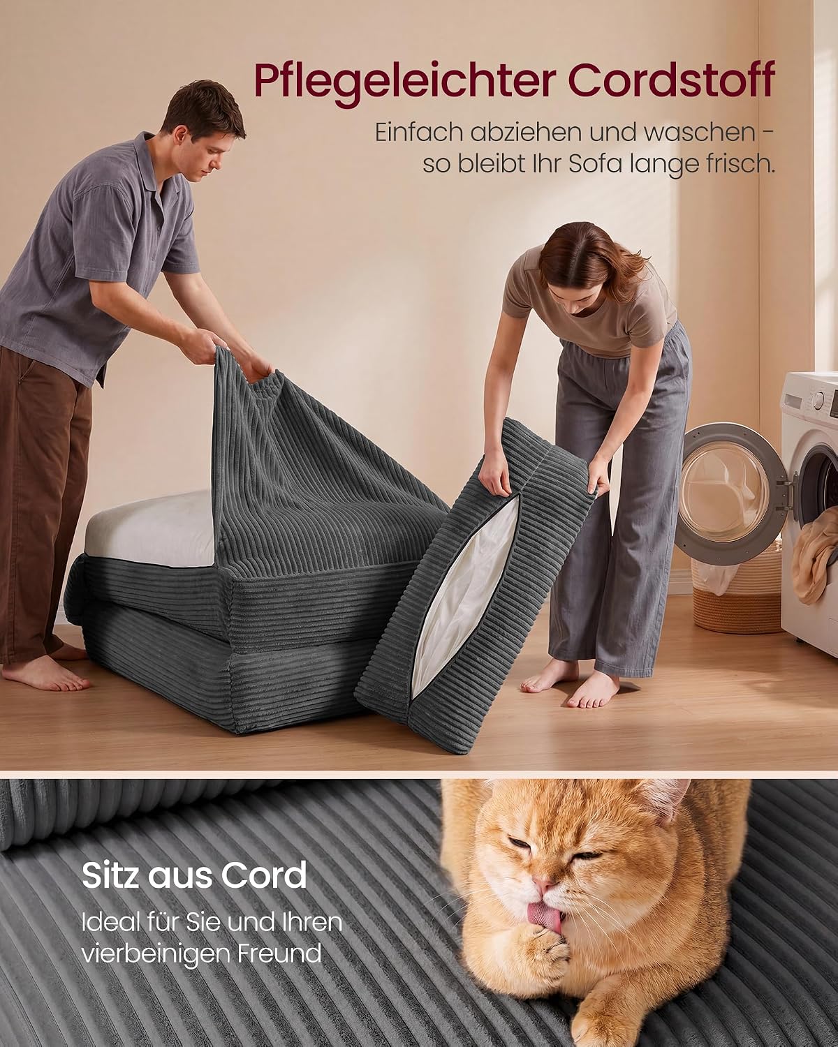 VASAGLE Schlafsessel aus Cord und Schaumstoff, Faltbares Sofabett mit Kissen, 89 x 89 x 78 cm / 89 x 195 x 43 cm, Bleigrau, für Gästezimmer, Camila Kollektion LCS211G101 — Ansicht 5