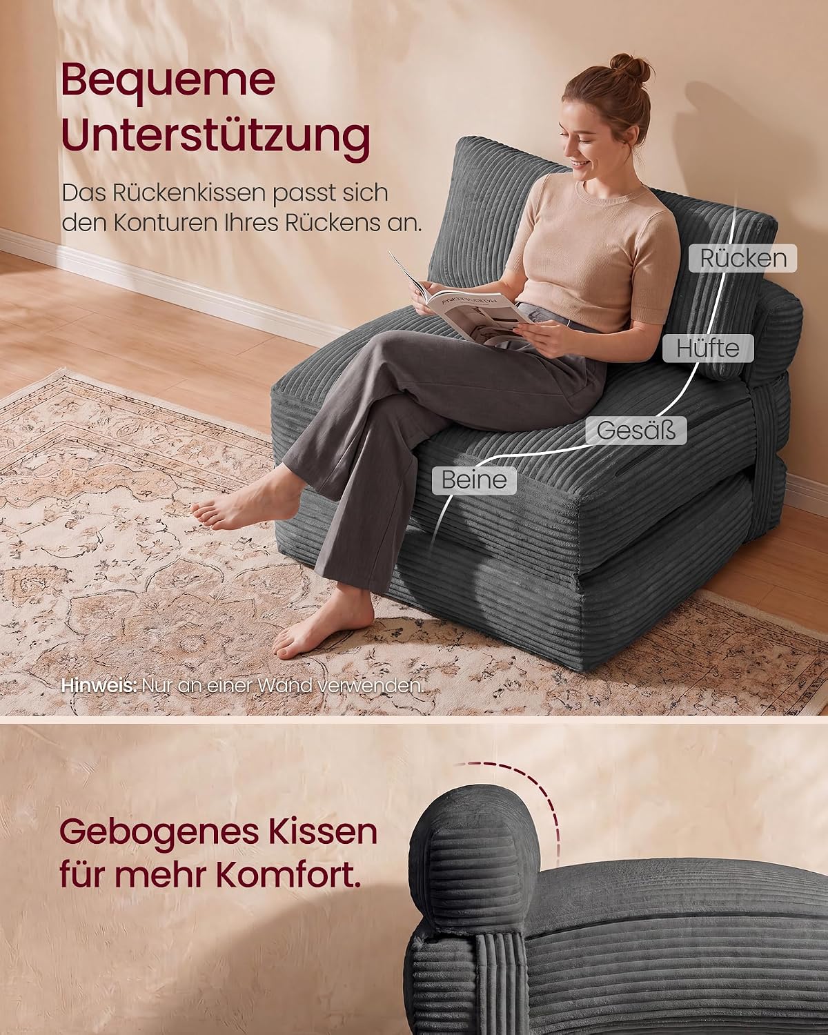 VASAGLE Schlafsessel aus Cord und Schaumstoff, Faltbares Sofabett mit Kissen, 89 x 89 x 78 cm / 89 x 195 x 43 cm, Bleigrau, für Gästezimmer, Camila Kollektion LCS211G101 — Ansicht 6