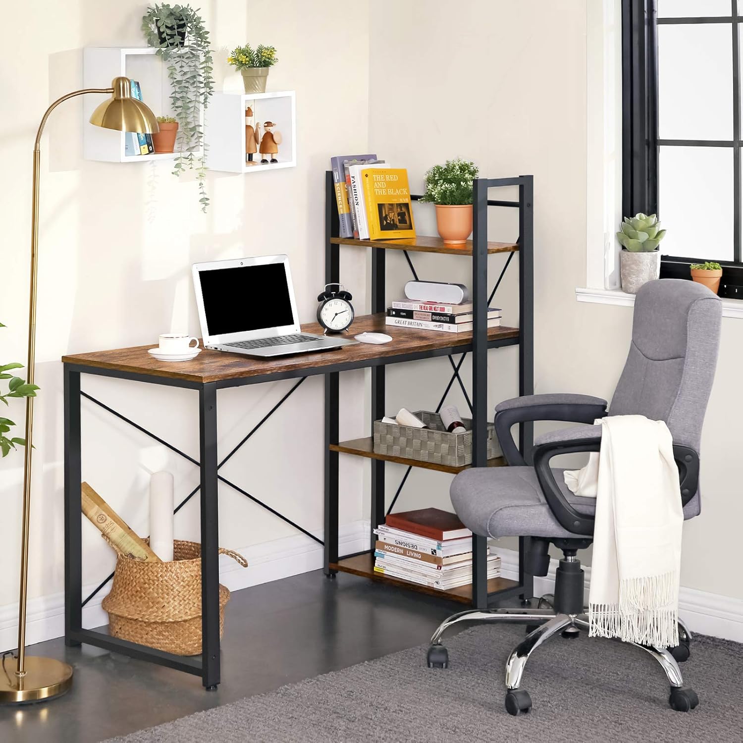 VASAGLE Schreibtisch, Computertisch mit Regalböden rechts oder Links, 120 cm breiter Bürotisch, für Arbeitszimmer, Homeoffice, einfacher Aufbau, vintagebraun-schwarz LWD48X — Ansicht 2