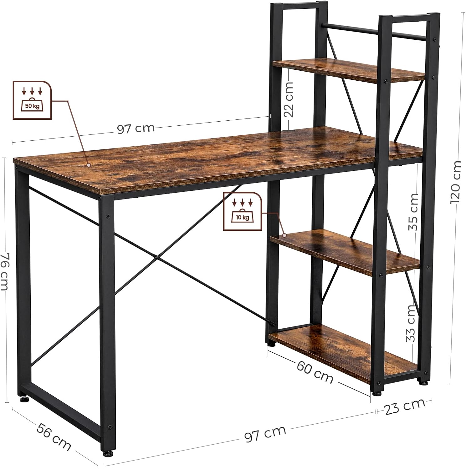 VASAGLE Schreibtisch, Computertisch mit Regalböden rechts oder Links, 120 cm breiter Bürotisch, für Arbeitszimmer, Homeoffice, einfacher Aufbau, vintagebraun-schwarz LWD48X — Ansicht 3