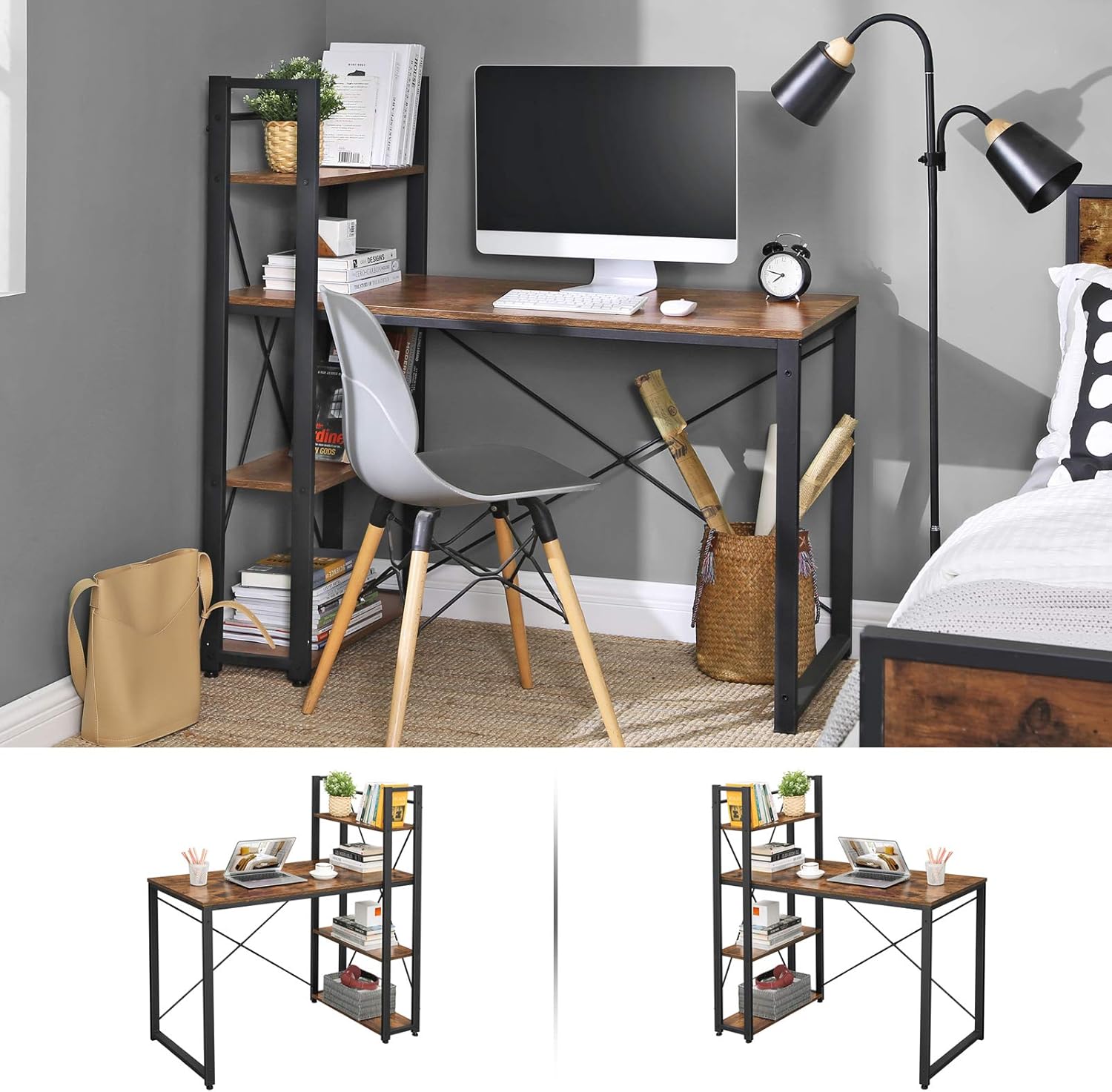 VASAGLE Schreibtisch, Computertisch mit Regalböden rechts oder Links, 120 cm breiter Bürotisch, für Arbeitszimmer, Homeoffice, einfacher Aufbau, vintagebraun-schwarz LWD48X — Ansicht 4