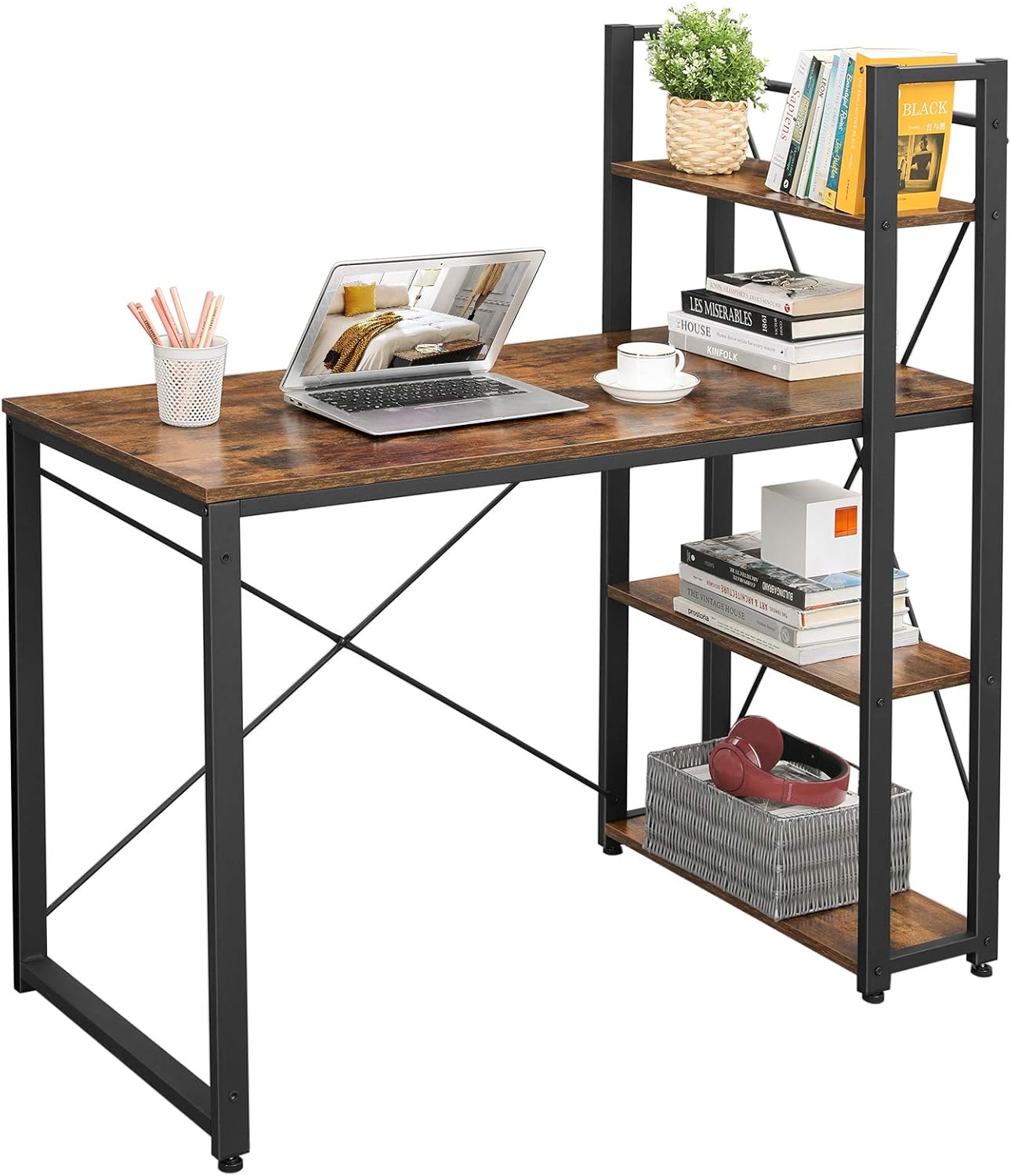 VASAGLE Schreibtisch, Computertisch mit Regalböden rechts oder Links, 120 cm breiter Bürotisch, für Arbeitszimmer, Homeoffice, einfacher Aufbau, vintagebraun-schwarz LWD48X — Ansicht 6