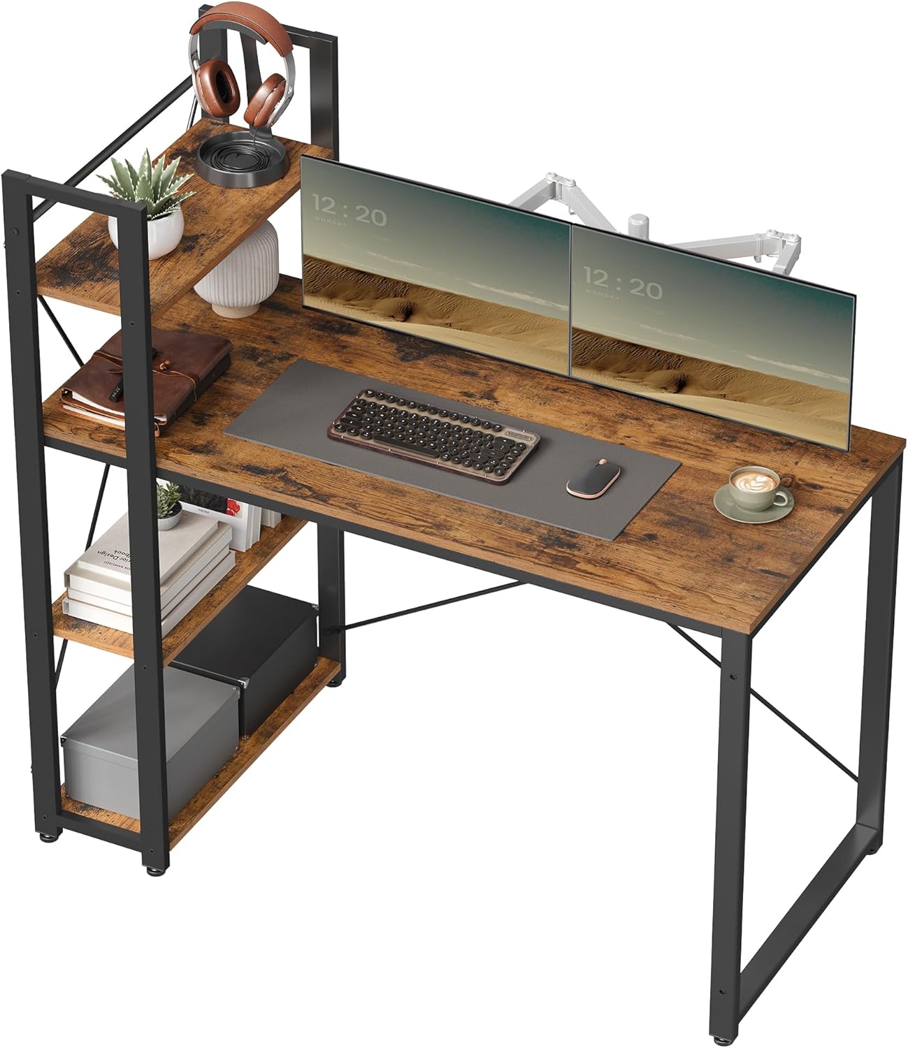 VASAGLE Schreibtisch, Computertisch mit Regalböden rechts oder Links, 120 cm breiter Bürotisch, für Arbeitszimmer, Homeoffice, einfacher Aufbau, vintagebraun-schwarz LWD48X