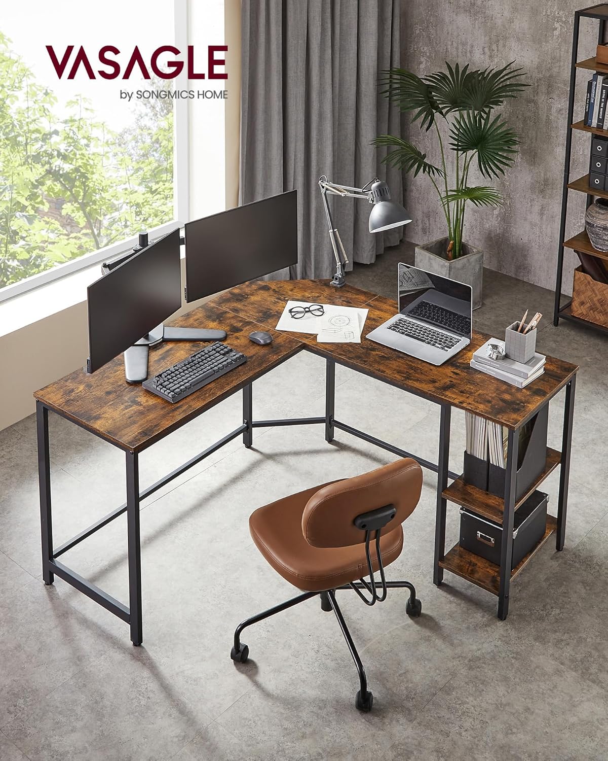 VASAGLE Schreibtisch, L-förmiger Computertisch, 138 x 138 x 76 cm, Eckschreibtisch mit 2 Ablagen, platzsparender Bürotisch, Gaming, Homeoffice, einfacher Aufbau, vintagebraun-schwarz LWD72X — Ansicht 2