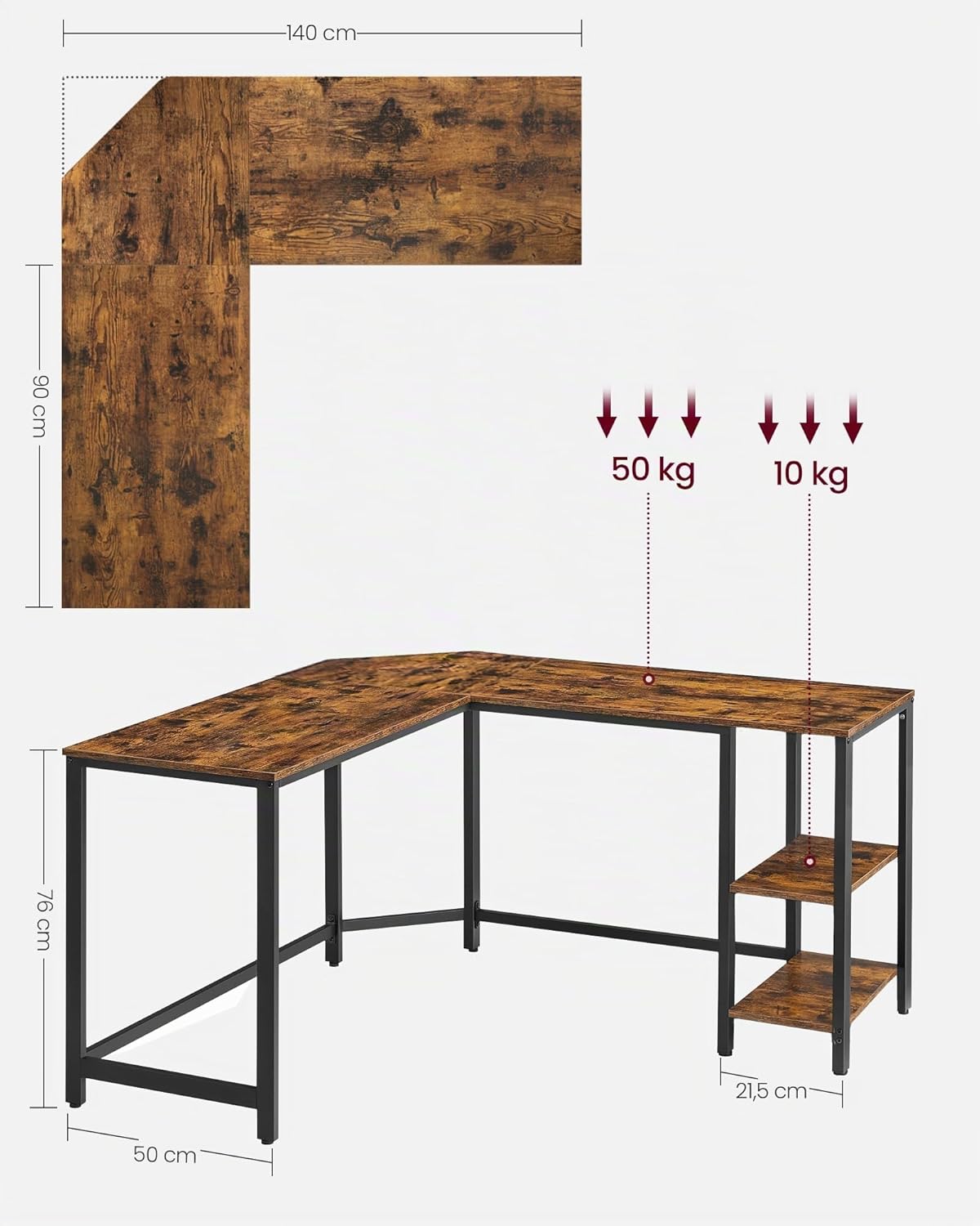 VASAGLE Schreibtisch, L-förmiger Computertisch, 138 x 138 x 76 cm, Eckschreibtisch mit 2 Ablagen, platzsparender Bürotisch, Gaming, Homeoffice, einfacher Aufbau, vintagebraun-schwarz LWD72X — Ansicht 3