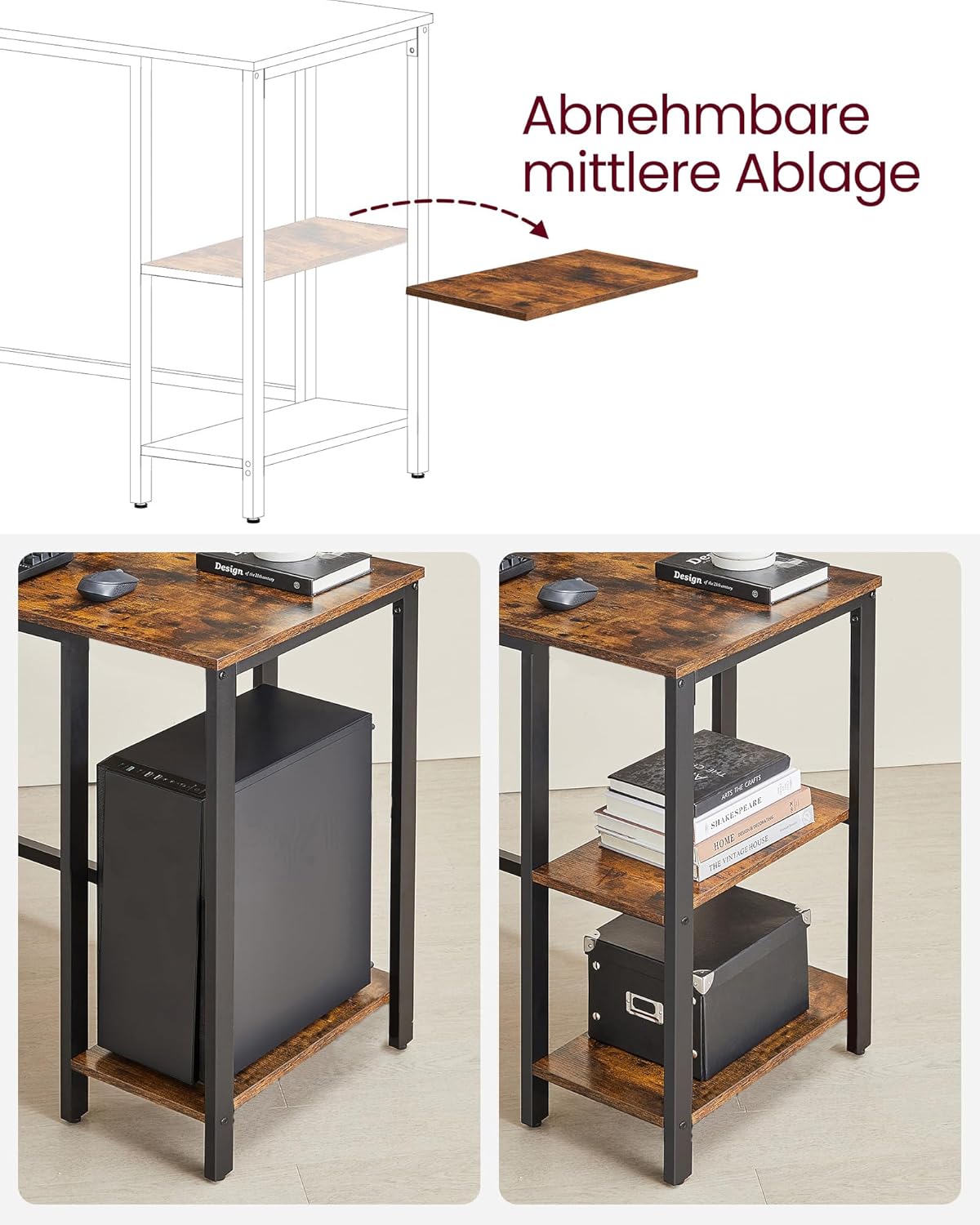 VASAGLE Schreibtisch, L-förmiger Computertisch, 138 x 138 x 76 cm, Eckschreibtisch mit 2 Ablagen, platzsparender Bürotisch, Gaming, Homeoffice, einfacher Aufbau, vintagebraun-schwarz LWD72X — Ansicht 4