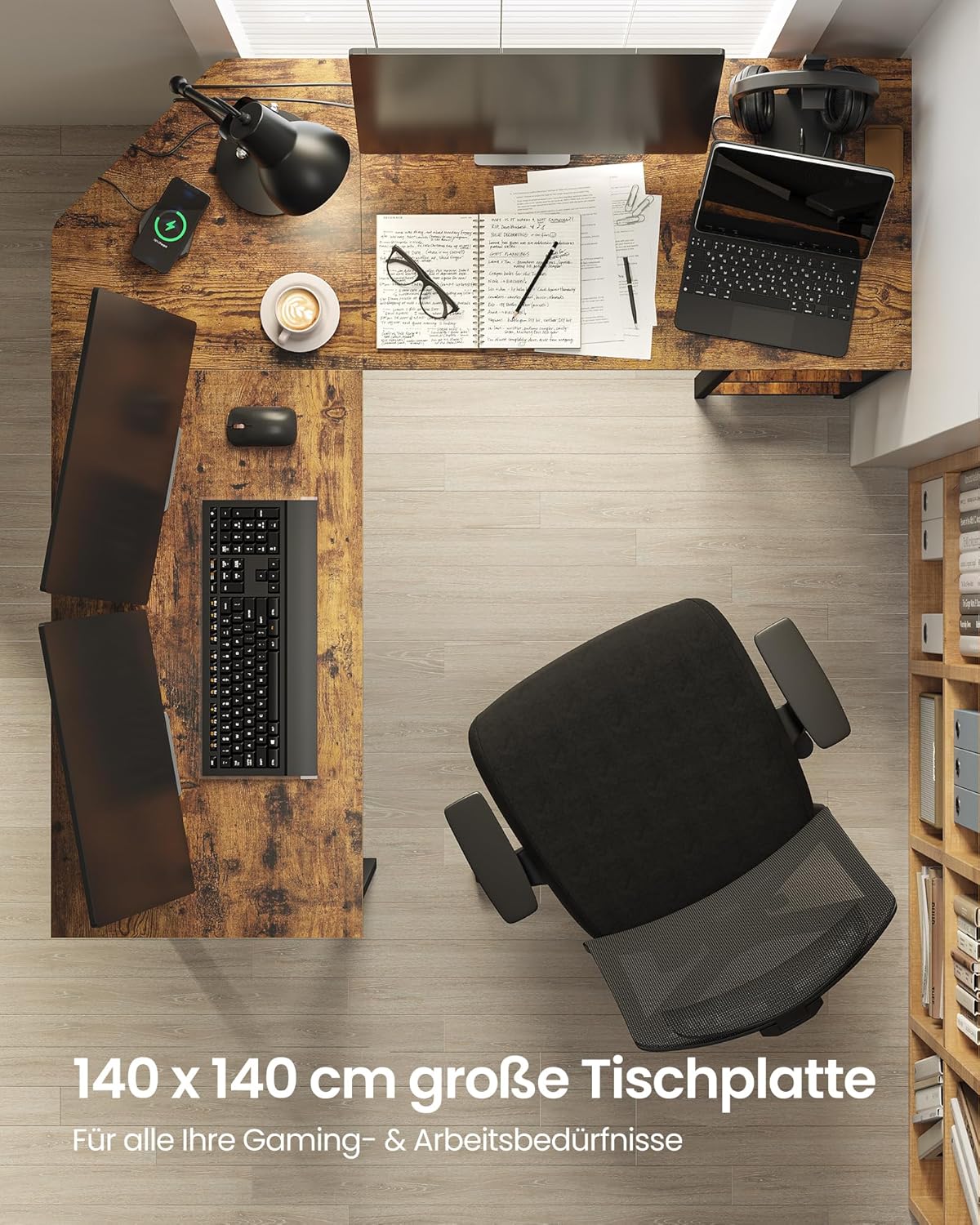 VASAGLE Schreibtisch, L-förmiger Computertisch, 138 x 138 x 76 cm, Eckschreibtisch mit 2 Ablagen, platzsparender Bürotisch, Gaming, Homeoffice, einfacher Aufbau, vintagebraun-schwarz LWD72X — Ansicht 5