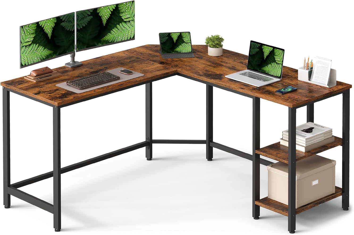 VASAGLE Schreibtisch, L-förmiger Computertisch, 138 x 138 x 76 cm, Eckschreibtisch mit 2 Ablagen, platzsparender Bürotisch, Gaming, Homeoffice, einfacher Aufbau, vintagebraun-schwarz LWD72X
