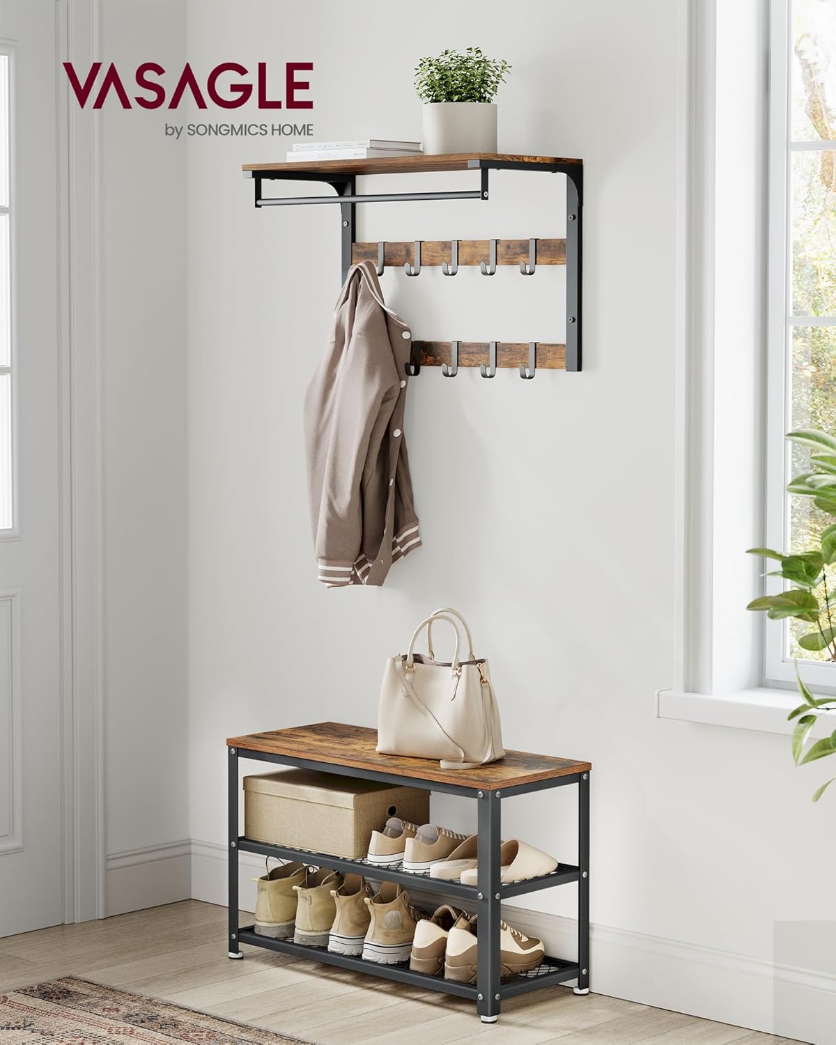 VASAGLE Schuhbank, Schuhregal mit 2 Gitterablagen, Aufbewahrung für Schuhe, 30 x 73 x 45 cm, für Eingangsbereich, Flur, Wohnzimmer, Metallgestell, Industrie-Design, vintagebraun-schwarz LBS73X — Ansicht 2