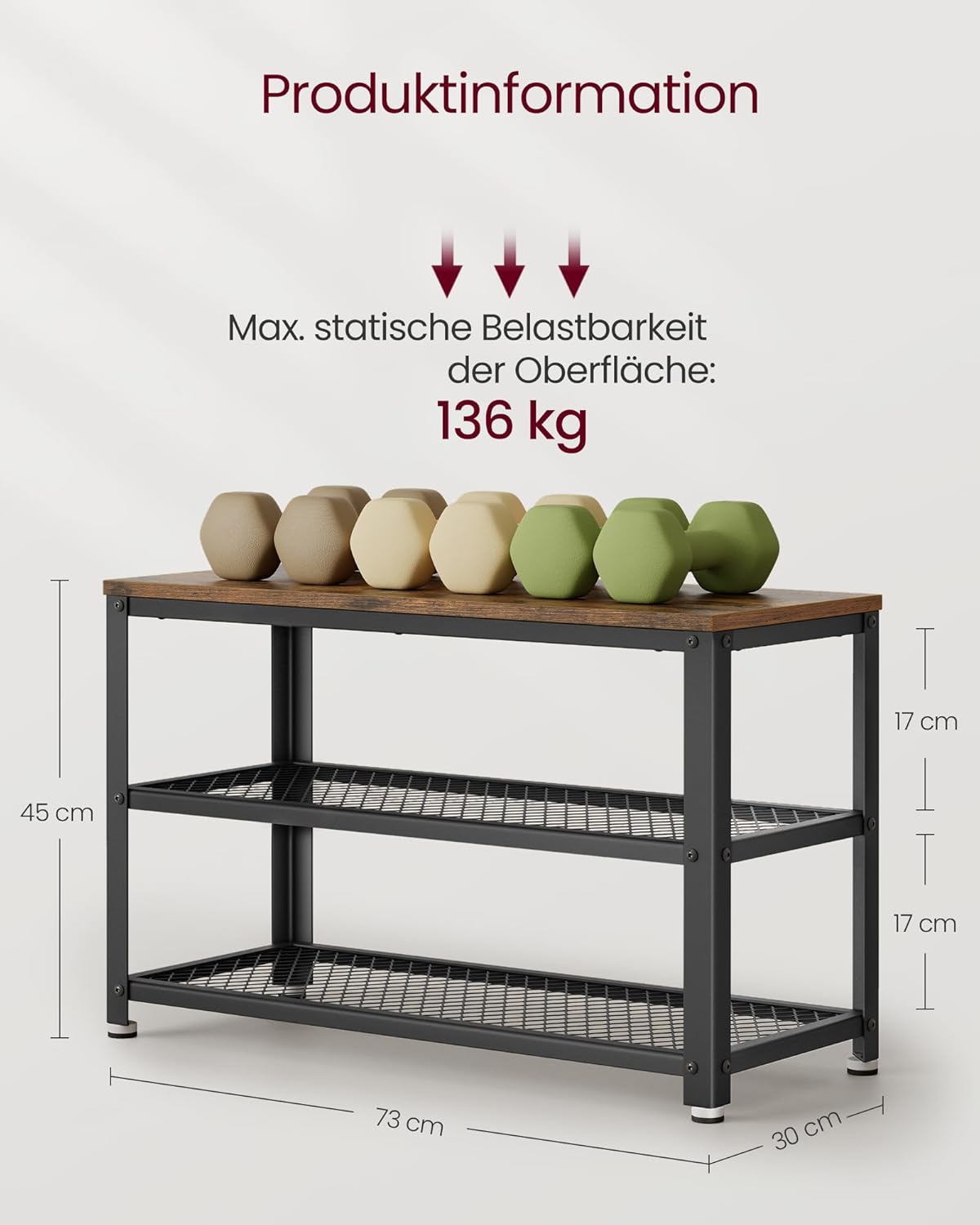 VASAGLE Schuhbank, Schuhregal mit 2 Gitterablagen, Aufbewahrung für Schuhe, 30 x 73 x 45 cm, für Eingangsbereich, Flur, Wohnzimmer, Metallgestell, Industrie-Design, vintagebraun-schwarz LBS73X — Ansicht 3