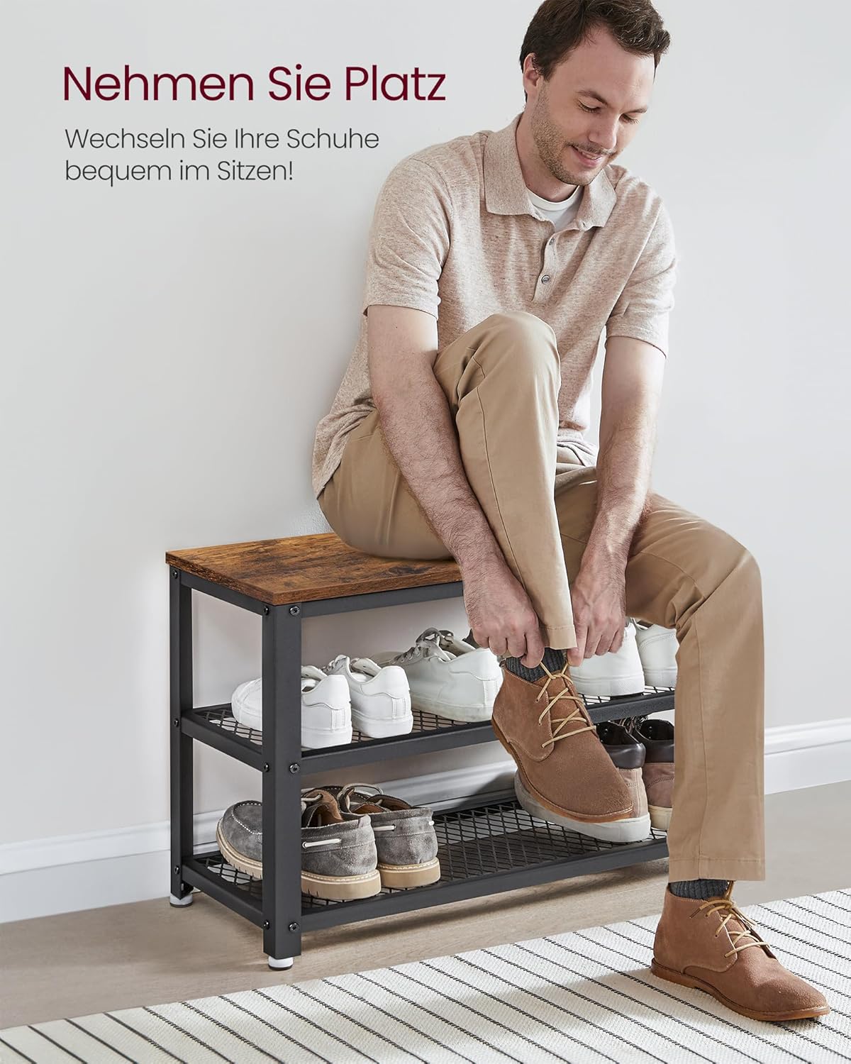 VASAGLE Schuhbank, Schuhregal mit 2 Gitterablagen, Aufbewahrung für Schuhe, 30 x 73 x 45 cm, für Eingangsbereich, Flur, Wohnzimmer, Metallgestell, Industrie-Design, vintagebraun-schwarz LBS73X — Ansicht 4
