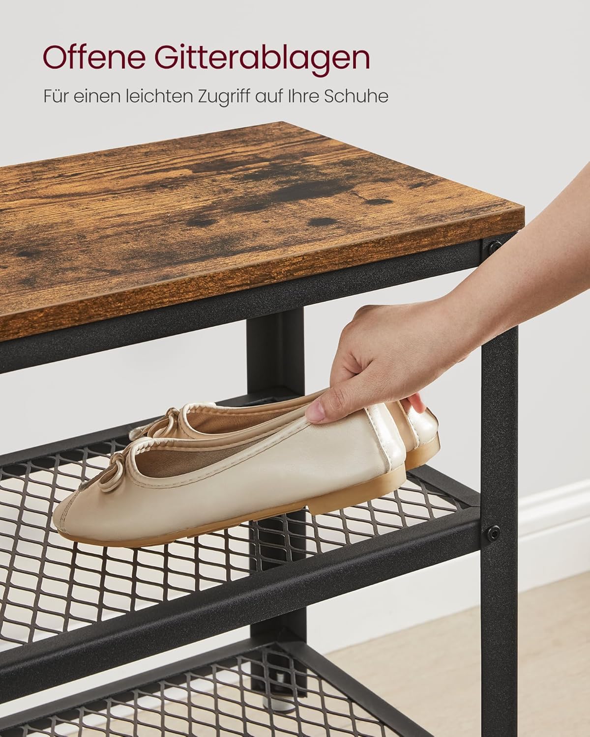 VASAGLE Schuhbank, Schuhregal mit 2 Gitterablagen, Aufbewahrung für Schuhe, 30 x 73 x 45 cm, für Eingangsbereich, Flur, Wohnzimmer, Metallgestell, Industrie-Design, vintagebraun-schwarz LBS73X — Ansicht 5