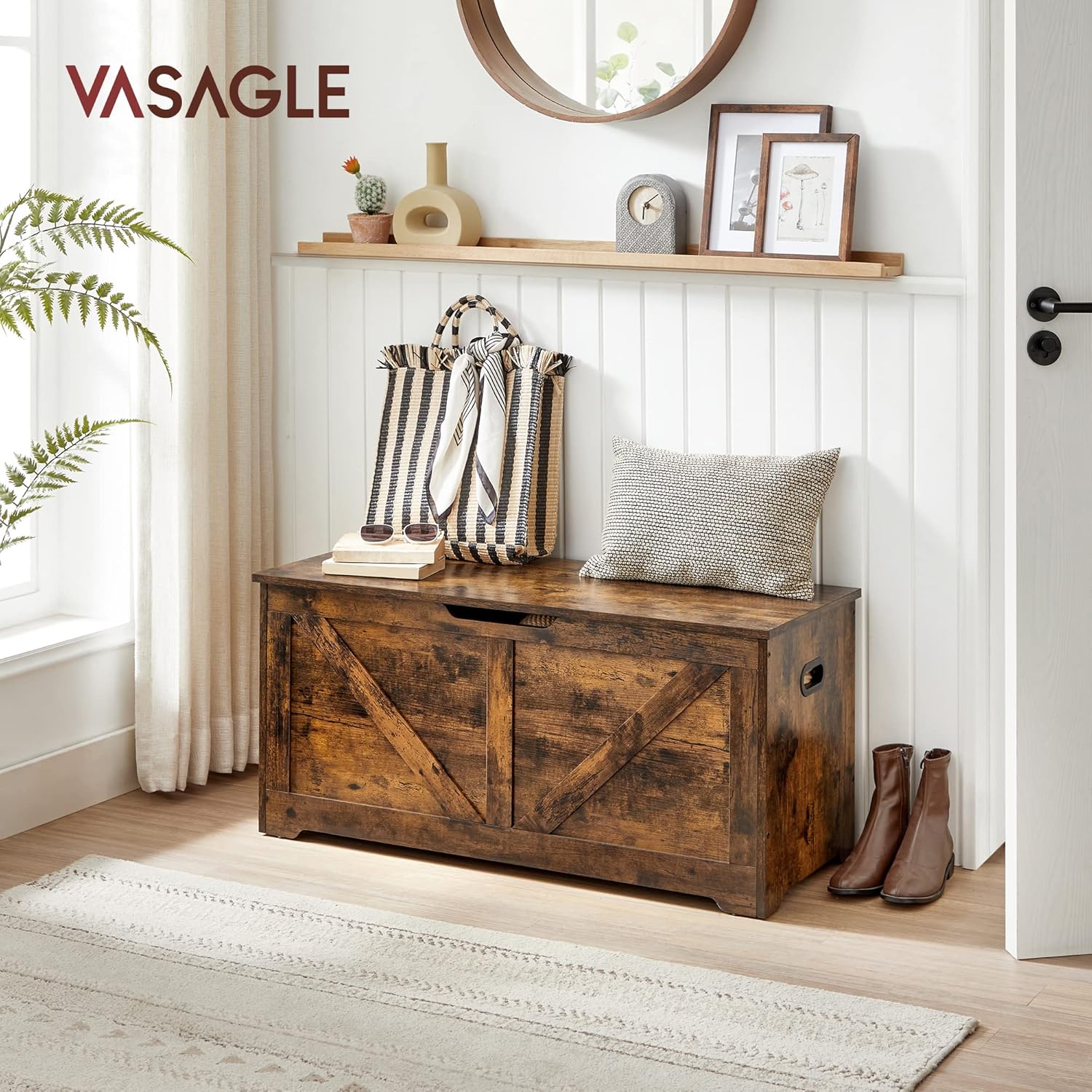 VASAGLE Schuhbank, Sitzbank mit Stauraum, Sitztruhe, 2 Sicherheitsscharniere, Aufbewahrungsschrank, Scheunenstil, 40 x 100 x 46 cm, für Flur, Schlafzimmer, Wohnzimmer, vintagebraun LSB060T01 — Ansicht 2