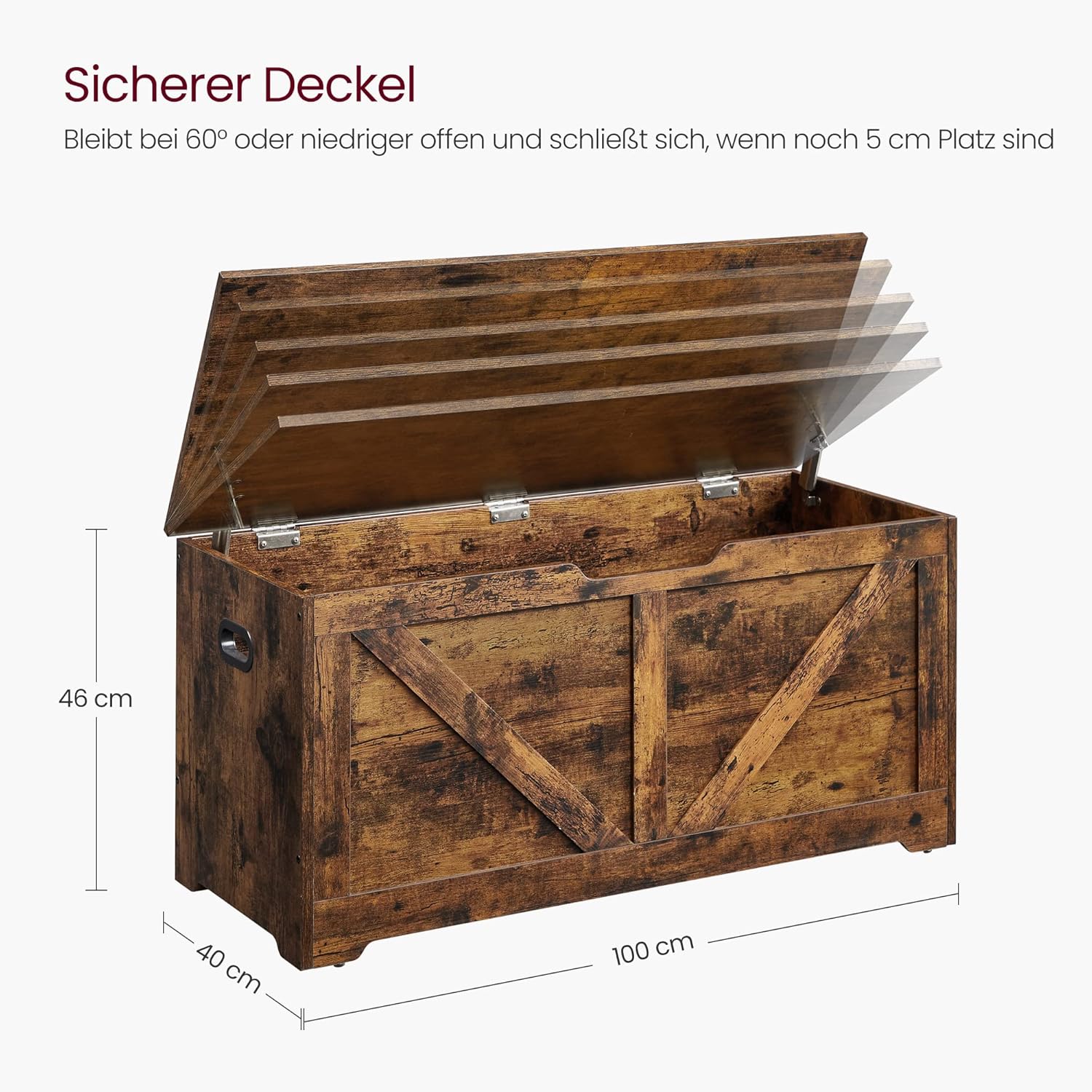 VASAGLE Schuhbank, Sitzbank mit Stauraum, Sitztruhe, 2 Sicherheitsscharniere, Aufbewahrungsschrank, Scheunenstil, 40 x 100 x 46 cm, für Flur, Schlafzimmer, Wohnzimmer, vintagebraun LSB060T01 — Ansicht 3