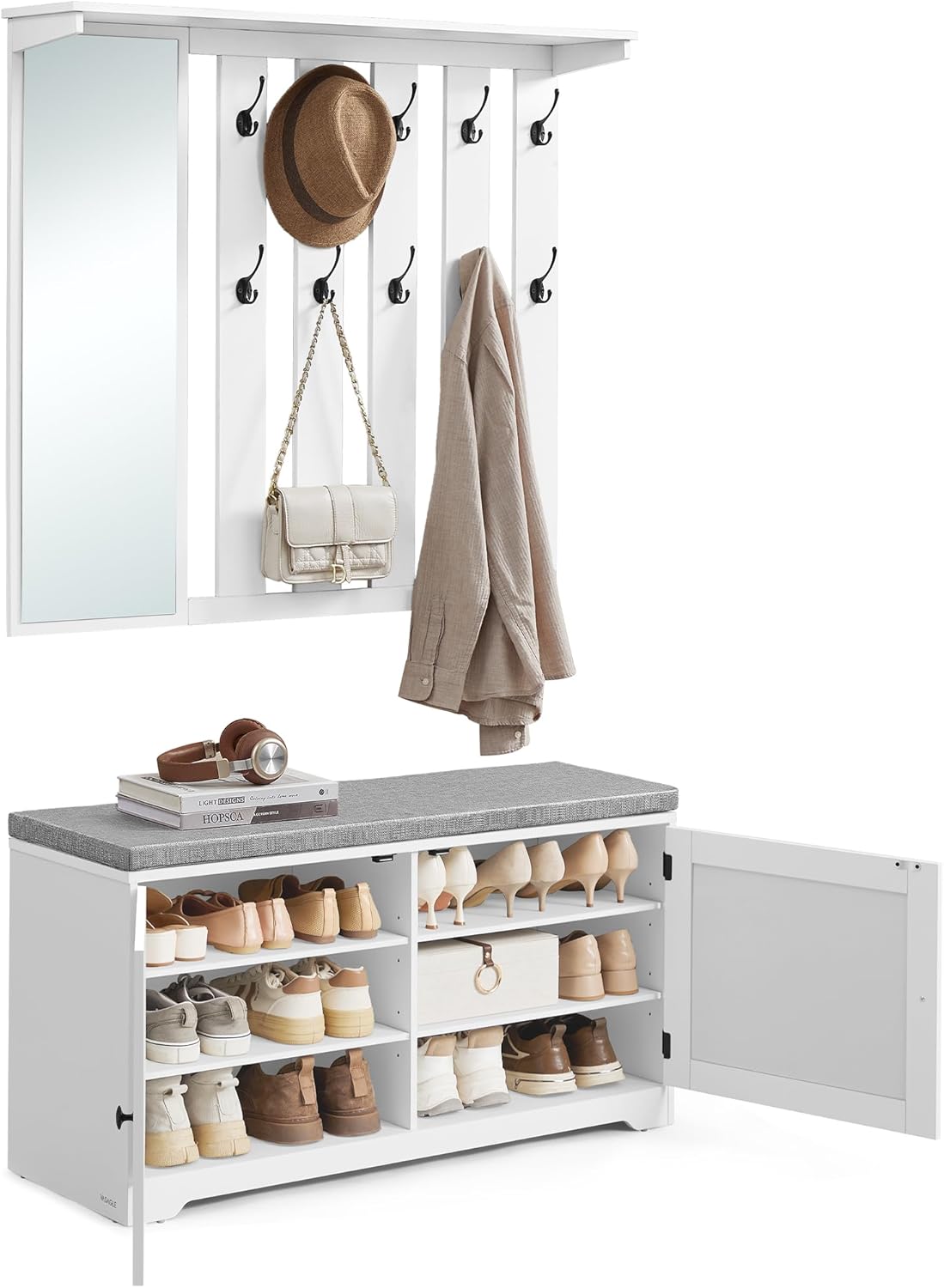 VASAGLE Schuhbank Wandgarderobe Set, Garderobe mit Spiegel, 10 Doppelhaken, Schuhschrank mit verstellbaren Ablagen, Doppeltüren, Sitzbank, Sitzpolster abnehmbar, 101 cm breit, wolkenweiß LSC011W01
