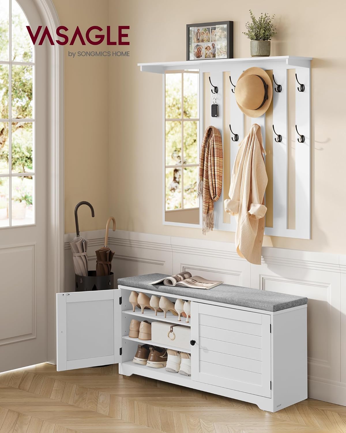 VASAGLE Schuhbank Wandgarderobe Set, Garderobe mit Spiegel, 10 Doppelhaken, Schuhschrank mit verstellbaren Ablagen, Doppeltüren, Sitzbank, Sitzpolster abnehmbar, 101 cm breit, wolkenweiß LSC011W01 — Ansicht 2