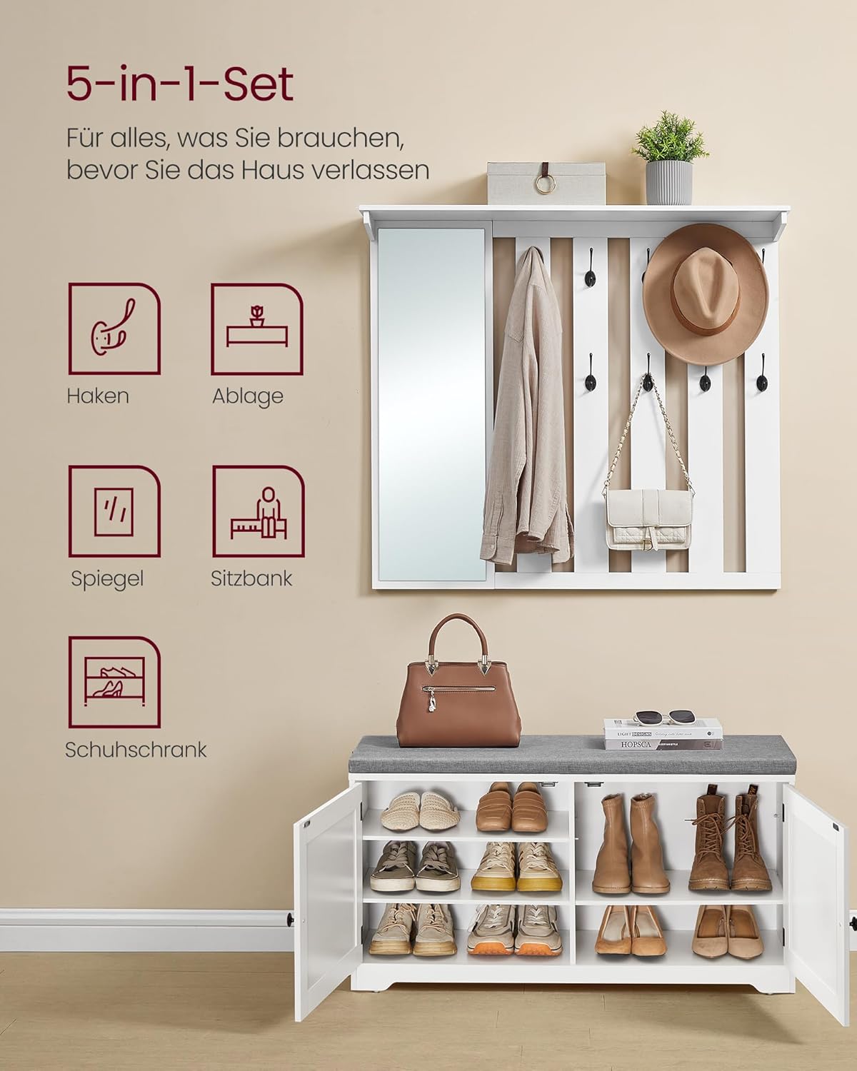 VASAGLE Schuhbank Wandgarderobe Set, Garderobe mit Spiegel, 10 Doppelhaken, Schuhschrank mit verstellbaren Ablagen, Doppeltüren, Sitzbank, Sitzpolster abnehmbar, 101 cm breit, wolkenweiß LSC011W01 — Ansicht 3
