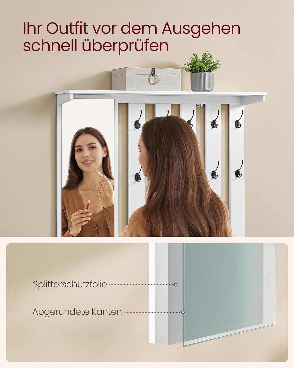 VASAGLE Schuhbank Wandgarderobe Set, Garderobe mit Spiegel, 10 Doppelhaken, Schuhschrank mit verstellbaren Ablagen, Doppeltüren, Sitzbank, Sitzpolster abnehmbar, 101 cm breit, wolkenweiß LSC011W01 — Ansicht 4