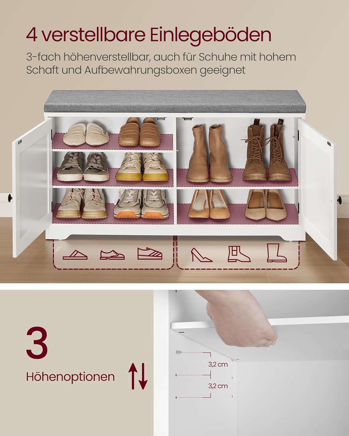 VASAGLE Schuhbank Wandgarderobe Set, Garderobe mit Spiegel, 10 Doppelhaken, Schuhschrank mit verstellbaren Ablagen, Doppeltüren, Sitzbank, Sitzpolster abnehmbar, 101 cm breit, wolkenweiß LSC011W01 — Ansicht 5