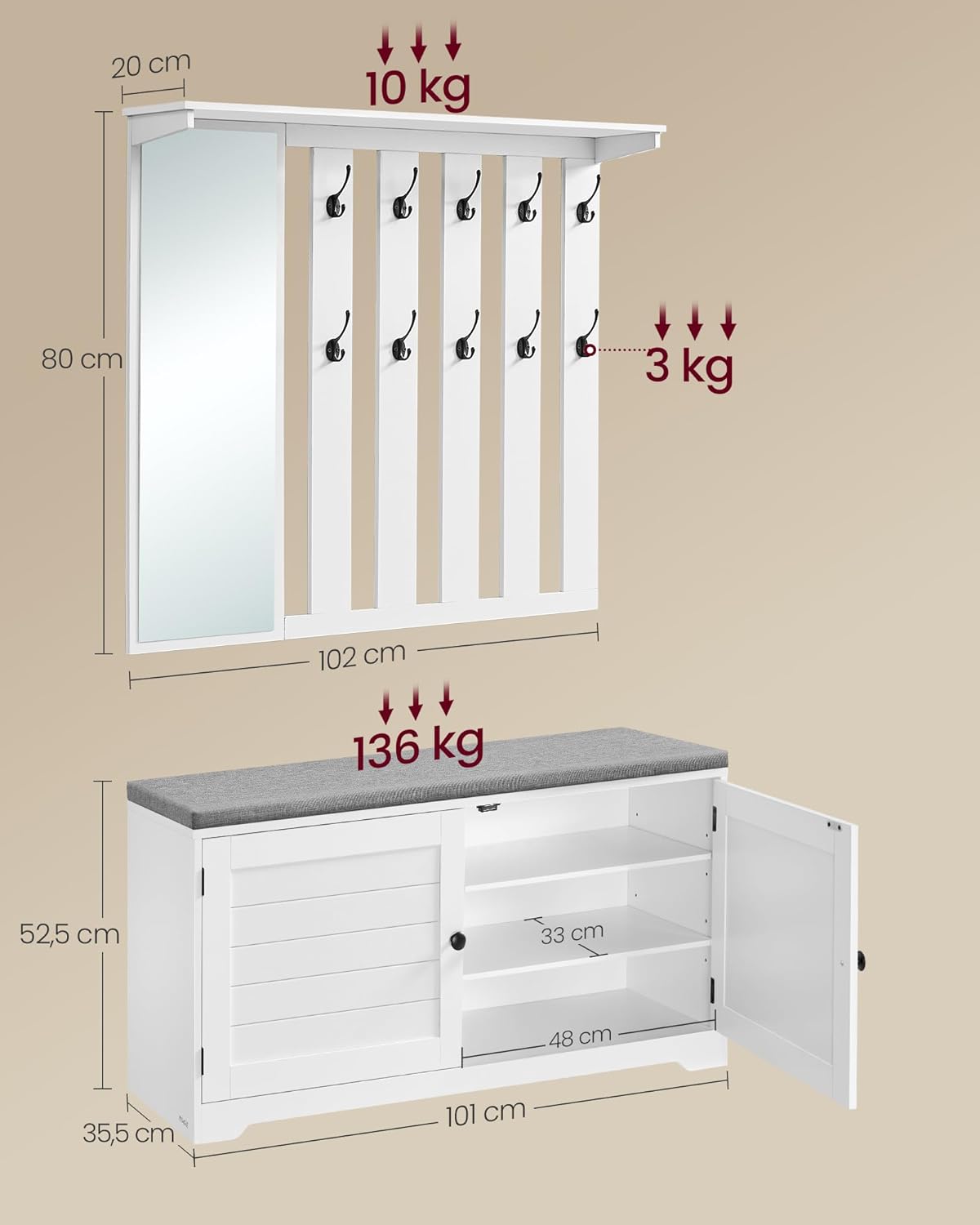 VASAGLE Schuhbank Wandgarderobe Set, Garderobe mit Spiegel, 10 Doppelhaken, Schuhschrank mit verstellbaren Ablagen, Doppeltüren, Sitzbank, Sitzpolster abnehmbar, 101 cm breit, wolkenweiß LSC011W01 — Ansicht 6