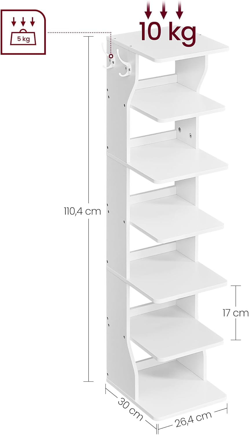 VASAGLE Schuhregal schmal, Standregal mit 7 Ebenen, platzsparend, für Eingangsbereich, Ecke, Schuhablage, weiß LBS200T14 — Ansicht 3