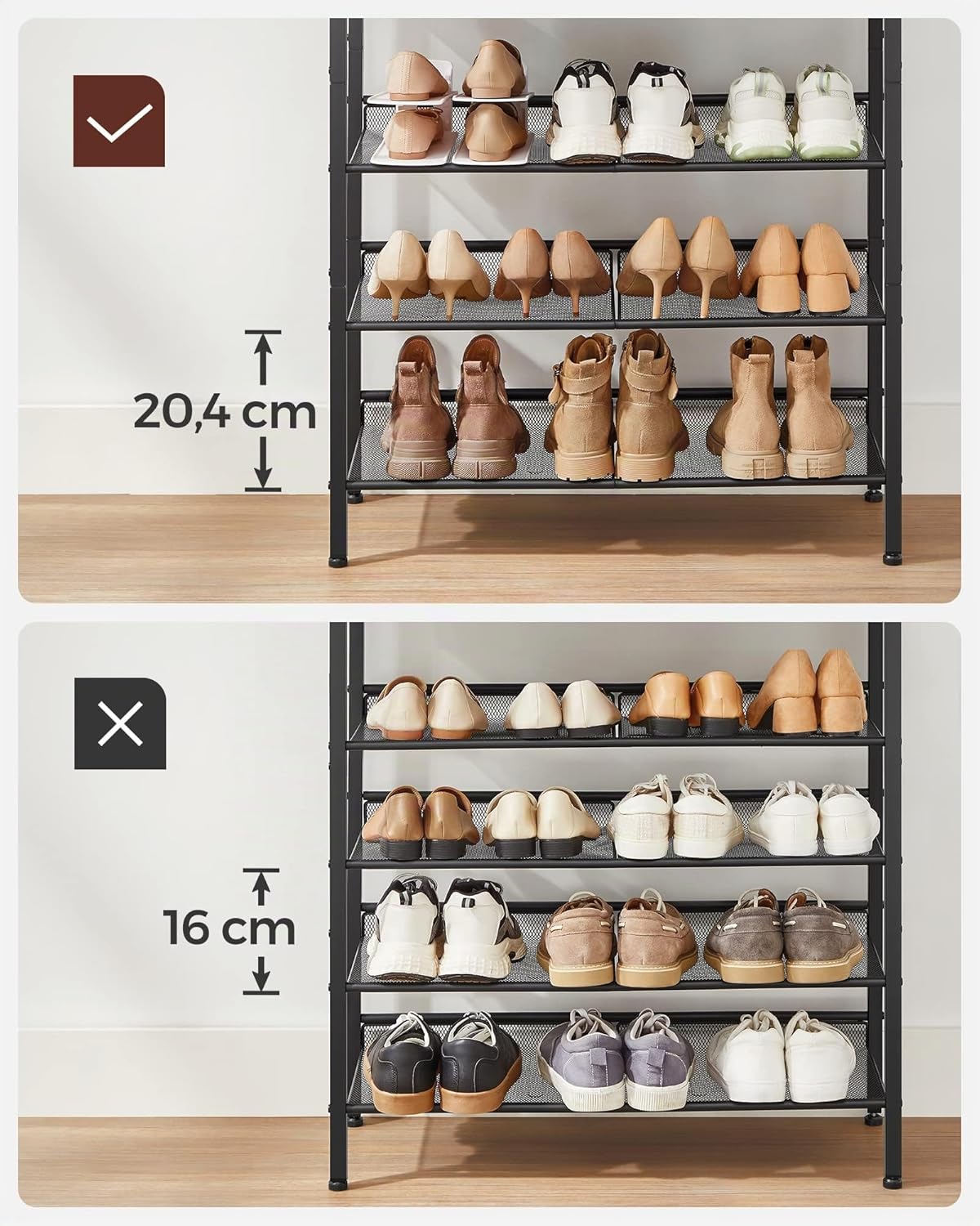 VASAGLE Schuhregal, Schuhablage, 5 Ebenen, große Oberfläche, verstellbare Gitterablagen, platzsparend für Eingangsbereich Flur, Metall, Industrie-Stil, vintagebraun-tintenschwarz LBS038B01 — Ansicht 6