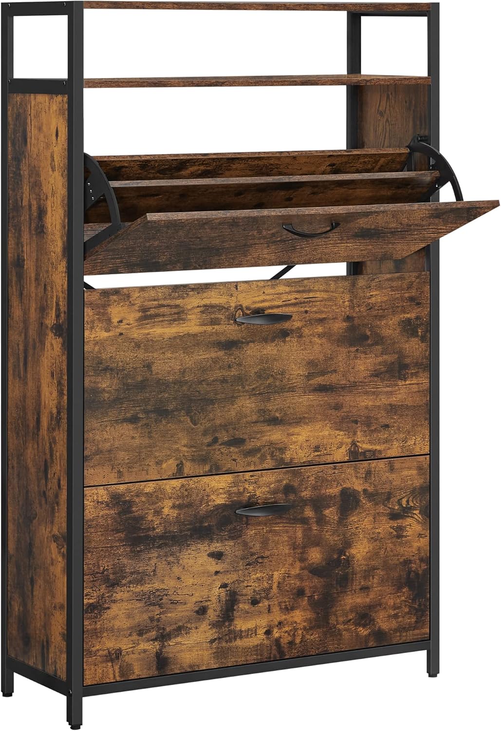 VASAGLE Schuhschrank, schmales Schuhregal, Schuhkipper mit 3 Klappen, für 15-24 Paar Schuhe, platzsparend, staubdicht, 30 x 80 x 130 cm, für Flur, vintagebraun-schwarz LBS802B01