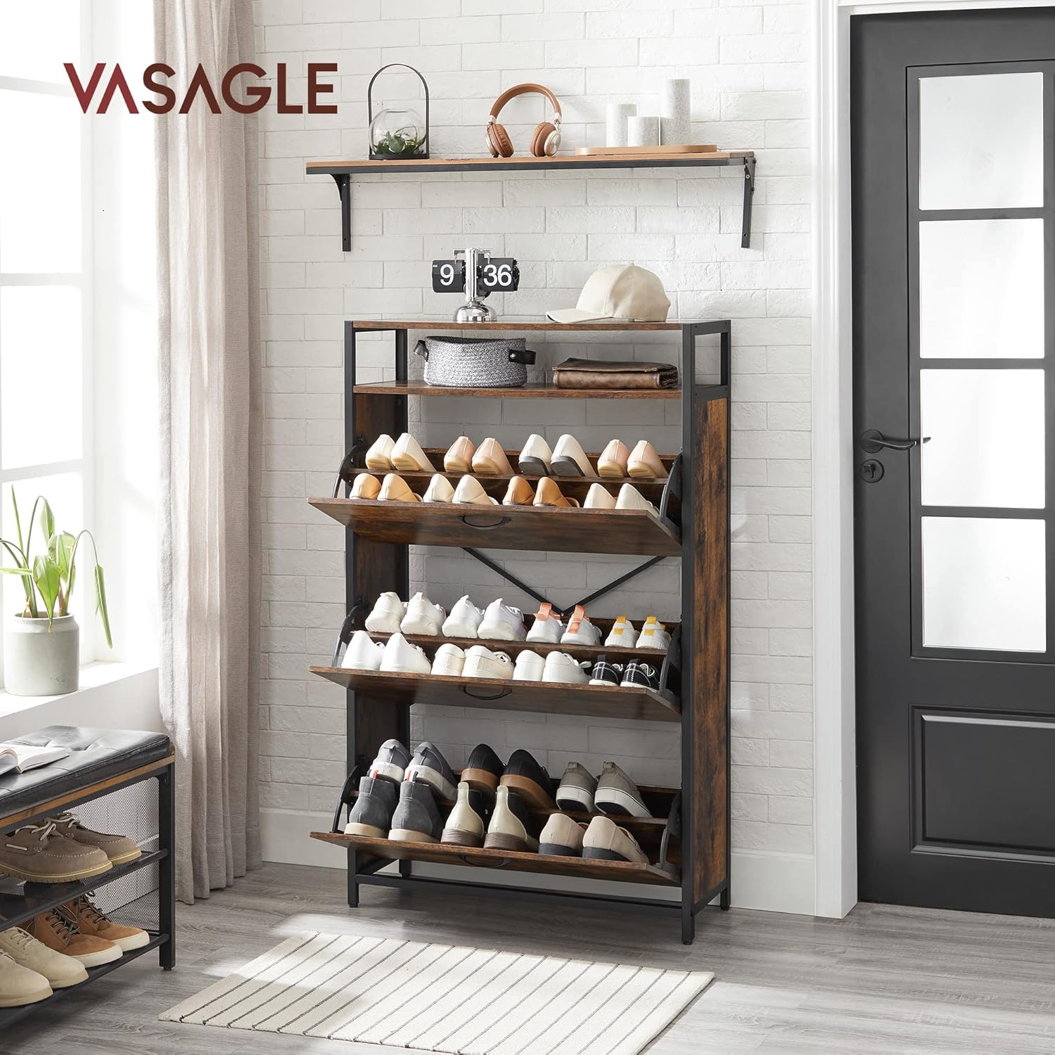 VASAGLE Schuhschrank, schmales Schuhregal, Schuhkipper mit 3 Klappen, für 15-24 Paar Schuhe, platzsparend, staubdicht, 30 x 80 x 130 cm, für Flur, vintagebraun-schwarz LBS802B01 — Ansicht 2