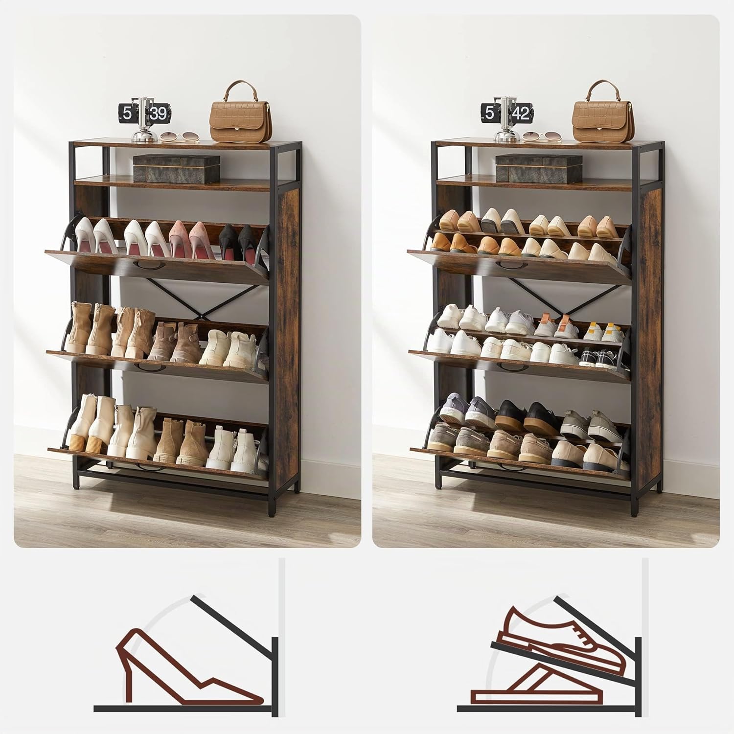 VASAGLE Schuhschrank, schmales Schuhregal, Schuhkipper mit 3 Klappen, für 15-24 Paar Schuhe, platzsparend, staubdicht, 30 x 80 x 130 cm, für Flur, vintagebraun-schwarz LBS802B01 — Ansicht 6
