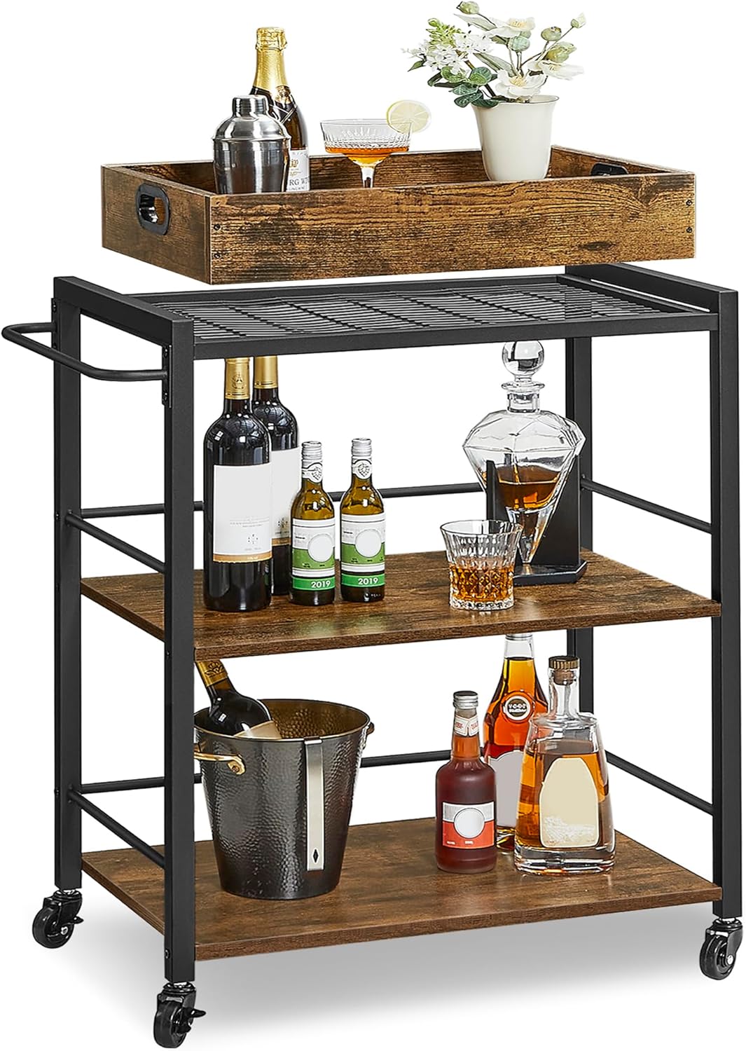 VASAGLE Servierwagen, Küchenwagen, abnehmbares Tablett, mit verstellbaren Füßen und Rollen, Küchenregal, Stahlrahmen, 40 x 72 x 86 cm, Industrie-Design, vintagebraun-schwarz LRC72X