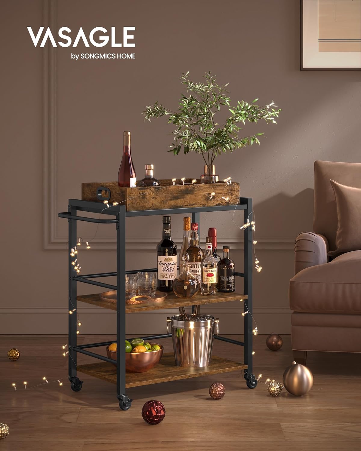 VASAGLE Servierwagen, Küchenwagen, abnehmbares Tablett, mit verstellbaren Füßen und Rollen, Küchenregal, Stahlrahmen, 40 x 72 x 86 cm, Industrie-Design, vintagebraun-schwarz LRC72X — Ansicht 2