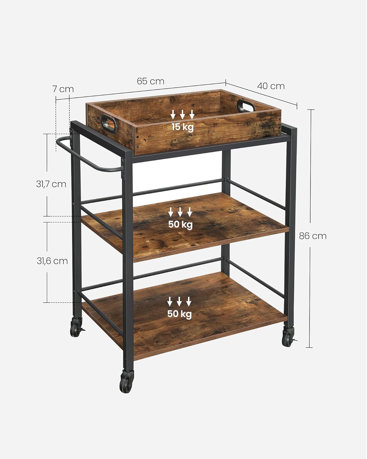 VASAGLE Servierwagen, Küchenwagen, abnehmbares Tablett, mit verstellbaren Füßen und Rollen, Küchenregal, Stahlrahmen, 40 x 72 x 86 cm, Industrie-Design, vintagebraun-schwarz LRC72X — Ansicht 3