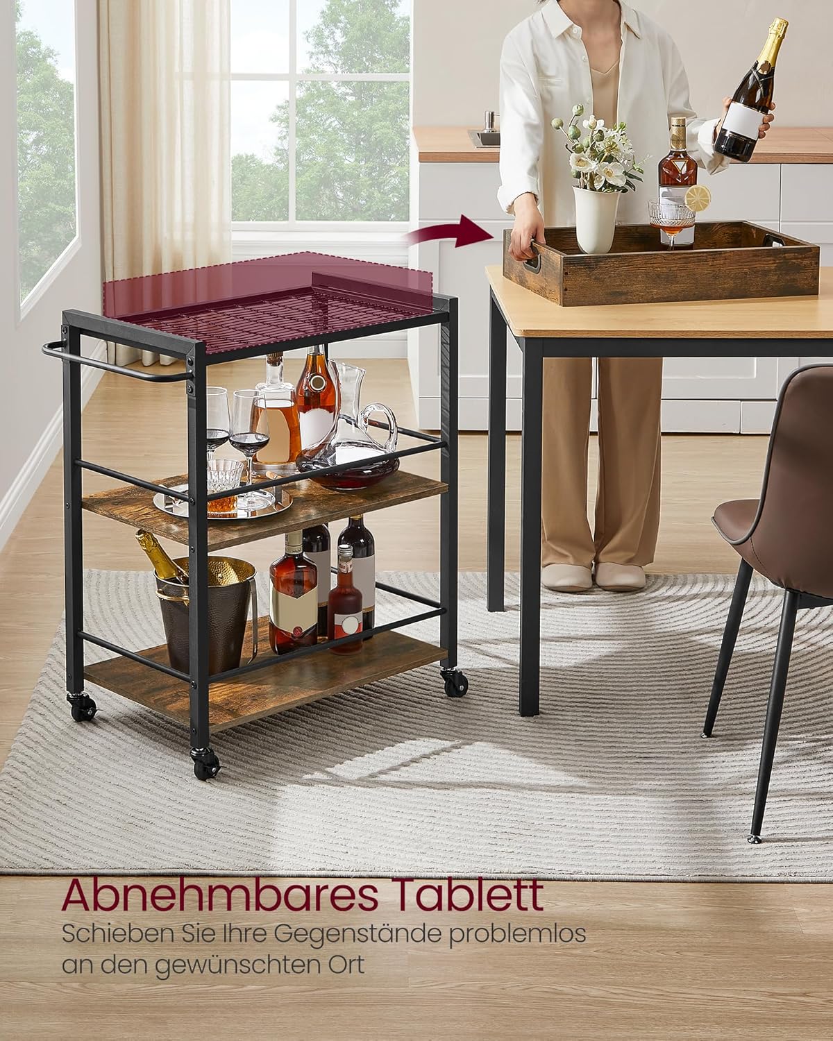 VASAGLE Servierwagen, Küchenwagen, abnehmbares Tablett, mit verstellbaren Füßen und Rollen, Küchenregal, Stahlrahmen, 40 x 72 x 86 cm, Industrie-Design, vintagebraun-schwarz LRC72X — Ansicht 5
