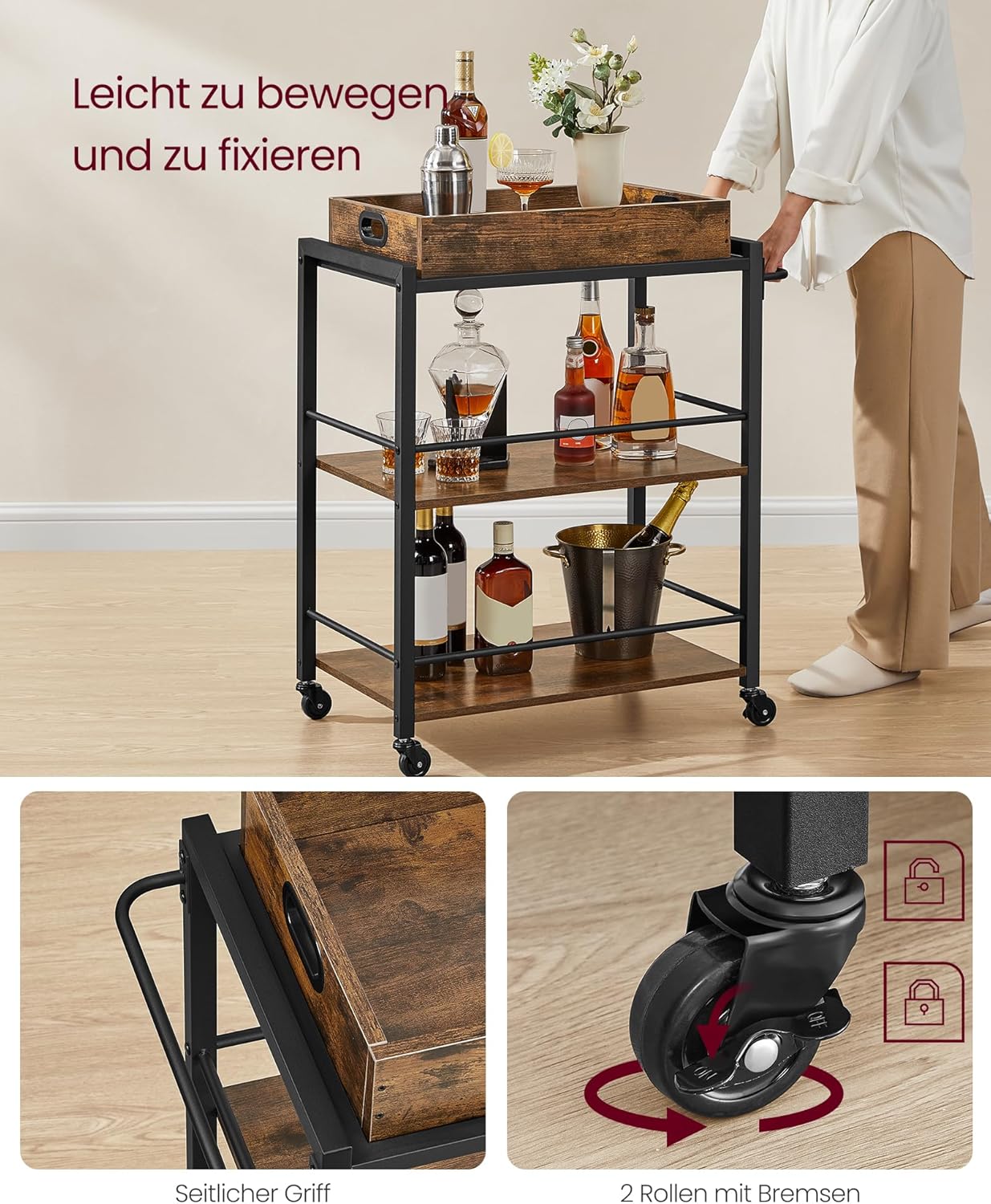 VASAGLE Servierwagen, Küchenwagen, abnehmbares Tablett, mit verstellbaren Füßen und Rollen, Küchenregal, Stahlrahmen, 40 x 72 x 86 cm, Industrie-Design, vintagebraun-schwarz LRC72X — Ansicht 6