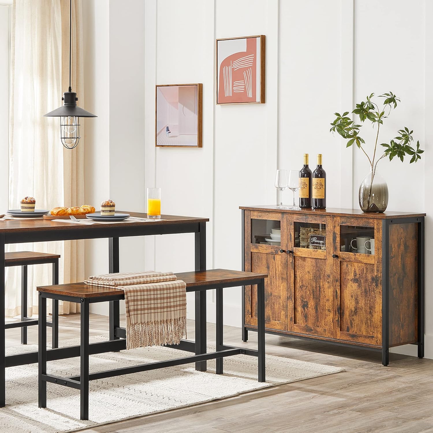 VASAGLE Sideboard, Küchenschrank, Aufbewahrungsschrank, mit Glastüren, für Wohnzimmer, Küche, Esszimmer, Stahlrahmen, Industriestil, vintagebraun-tintenschwarz LSC099B01 — Ansicht 2