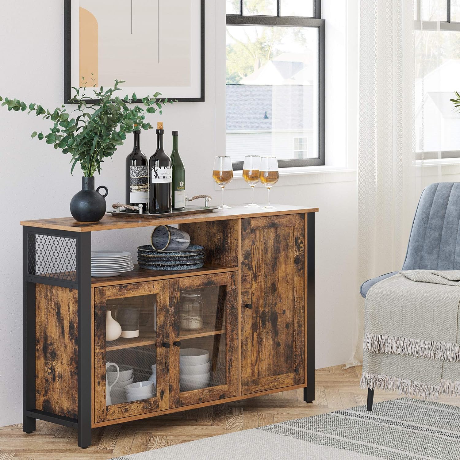 VASAGLE Sideboard, Küchenschrank, Aufbewahrungsschrank, mit 3 Türen, für Wohnzimmer, Küche, Esszimmer, 33 x 110 x 75 cm, Landhausstil, vintagebraun-schwarz LSC096B01 — Ansicht 2