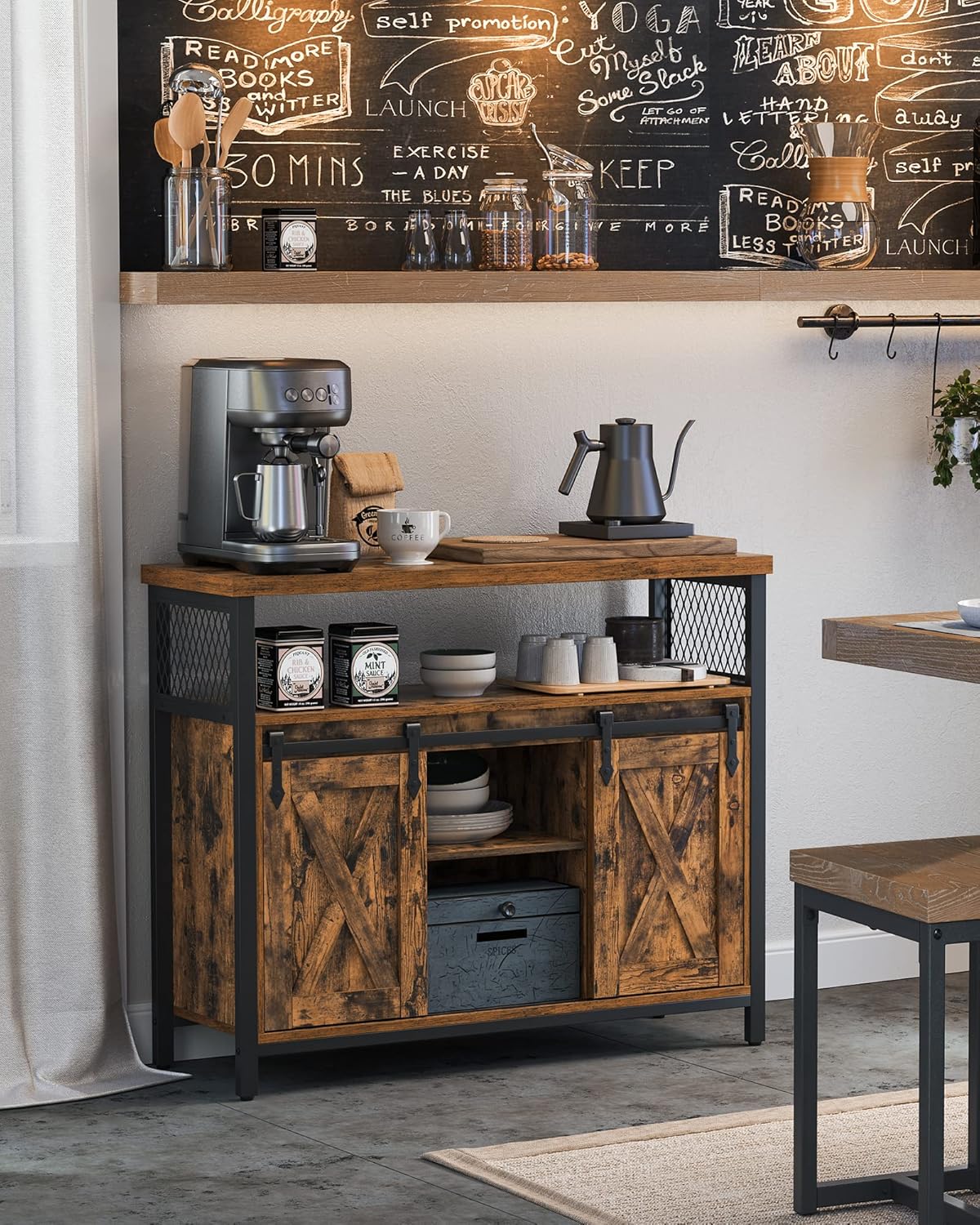 VASAGLE Sideboard, Küchenschrank, Aufbewahrungsschrank, mit 2 Schiebetüren, 33 x 100 x 80 cm, verstellbare Einlegeböden, für Wohnzimmer, rustikales Braun und Tintenschwarz LSC092B01 — Ansicht 2