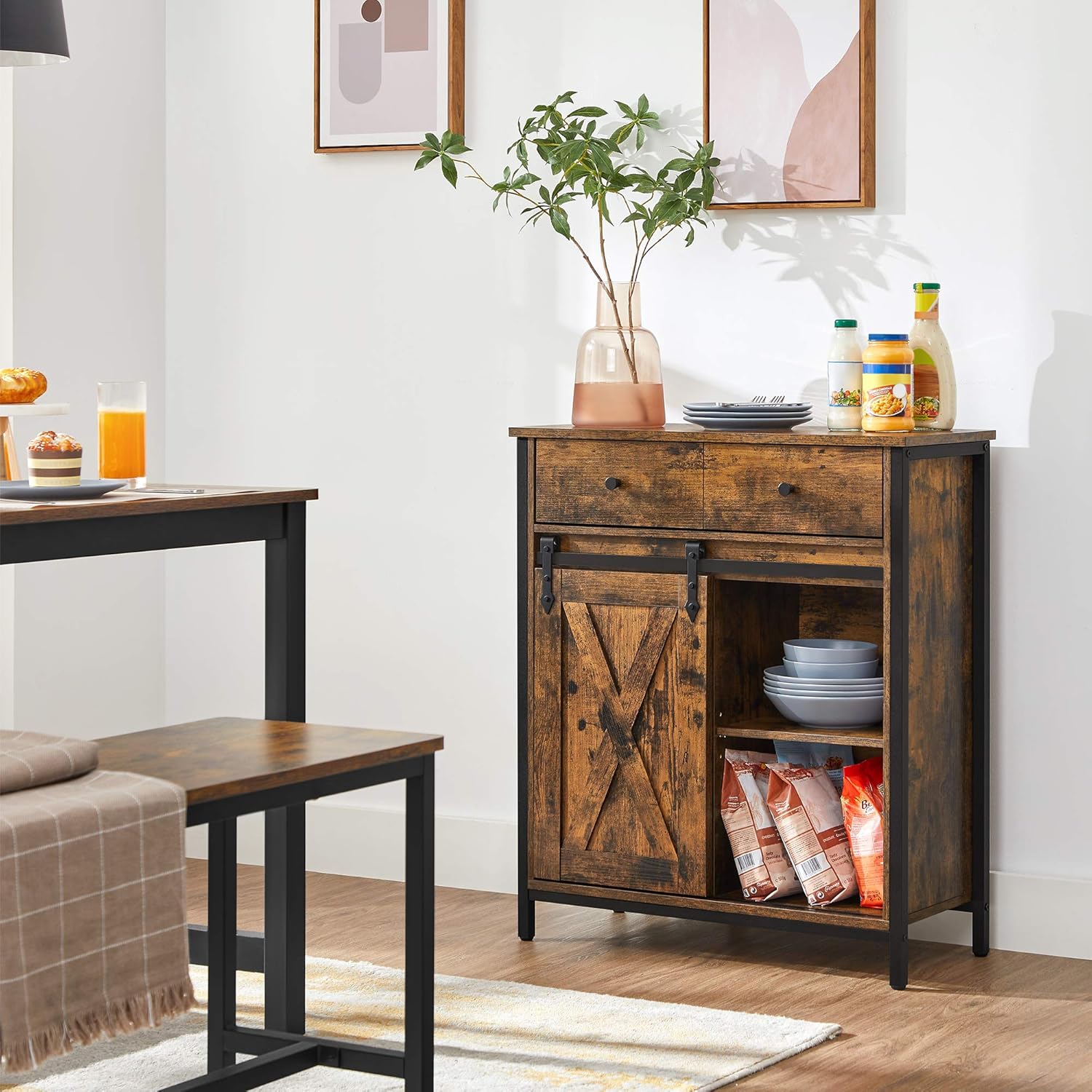 VASAGLE Sideboard, KÜchenschrank, Aufbewahrungsschrank, mit SchiebetÜr, 30 x 70 x 80 cm, verstellbare Ablage, Landhausstil, fÜr Wohnzimmer, vintagebraun-schwarz LSC100B01 — Ansicht 2