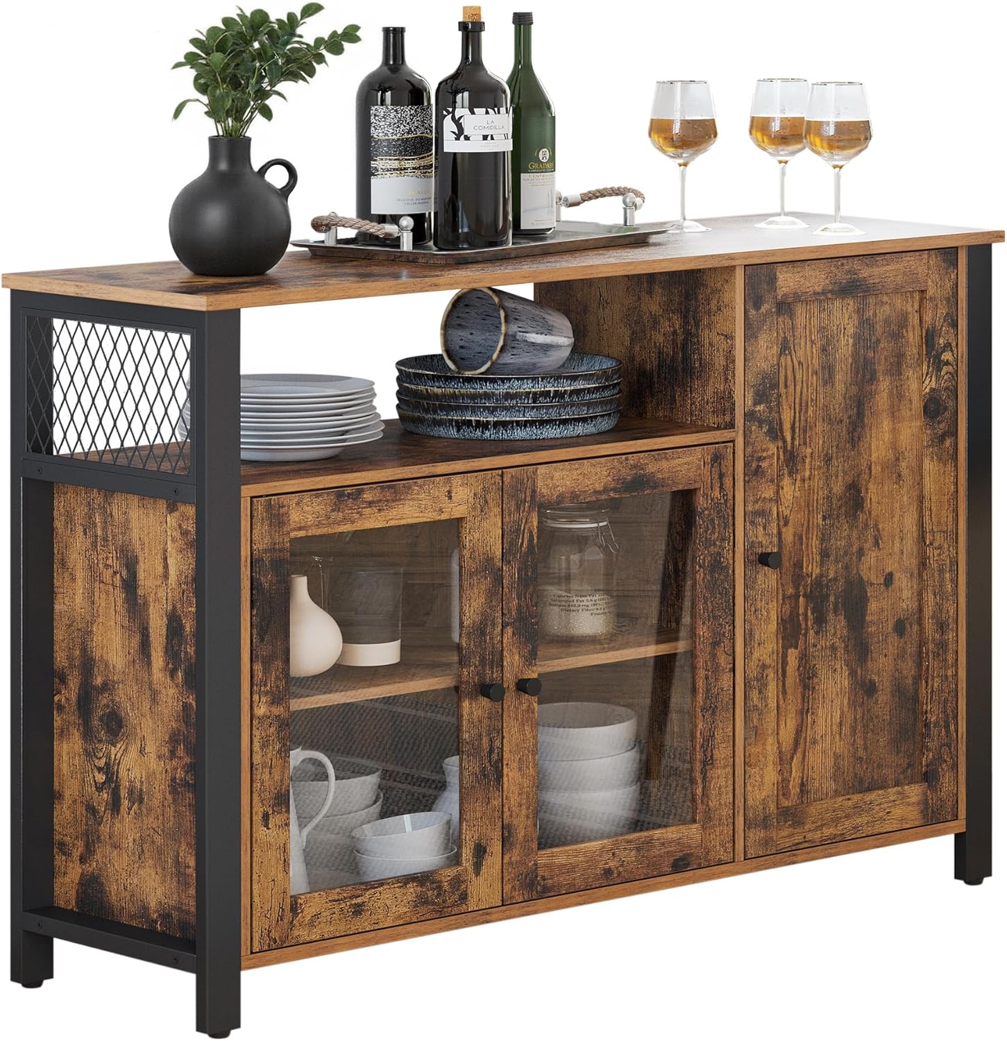 VASAGLE Sideboard, Küchenschrank, Aufbewahrungsschrank, mit 3 Türen, für Wohnzimmer, Küche, Esszimmer, 33 x 110 x 75 cm, Landhausstil, vintagebraun-schwarz LSC096B01