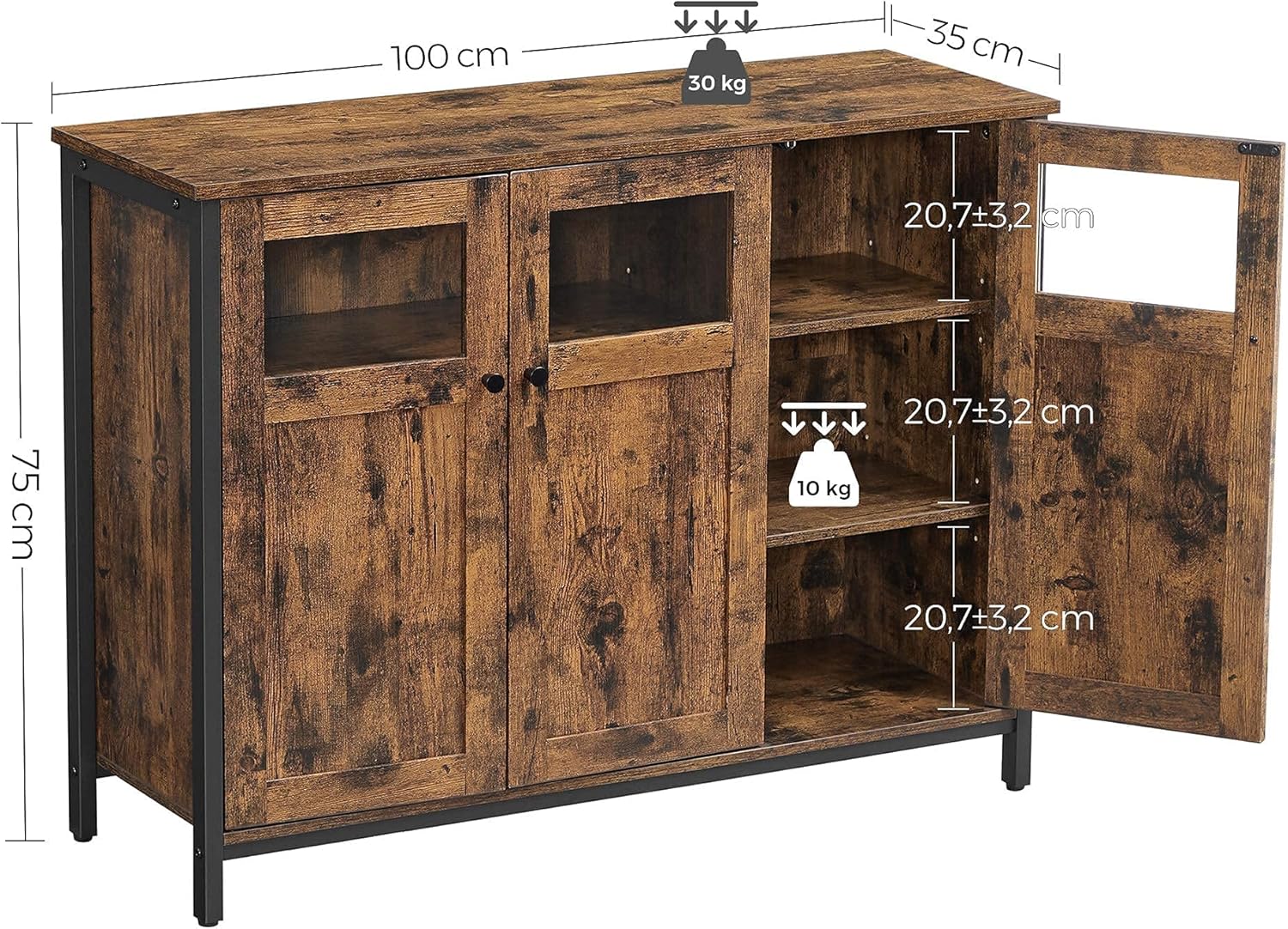 VASAGLE Sideboard, Küchenschrank, Aufbewahrungsschrank, mit Glastüren, für Wohnzimmer, Küche, Esszimmer, Stahlrahmen, Industriestil, vintagebraun-tintenschwarz LSC099B01 — Ansicht 3