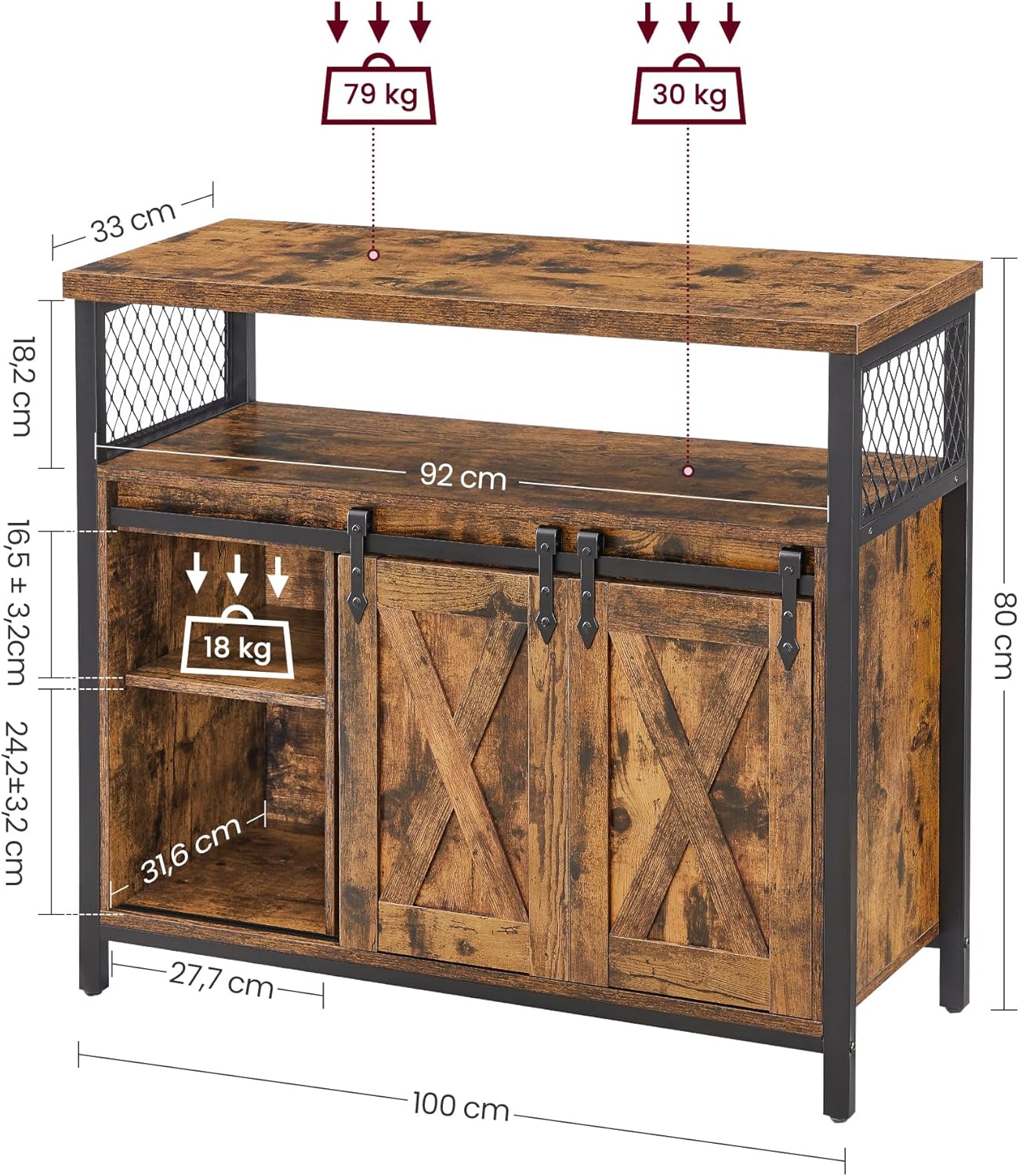 VASAGLE Sideboard, Küchenschrank, Aufbewahrungsschrank, mit 2 Schiebetüren, 33 x 100 x 80 cm, verstellbare Einlegeböden, für Wohnzimmer, rustikales Braun und Tintenschwarz LSC092B01 — Ansicht 3