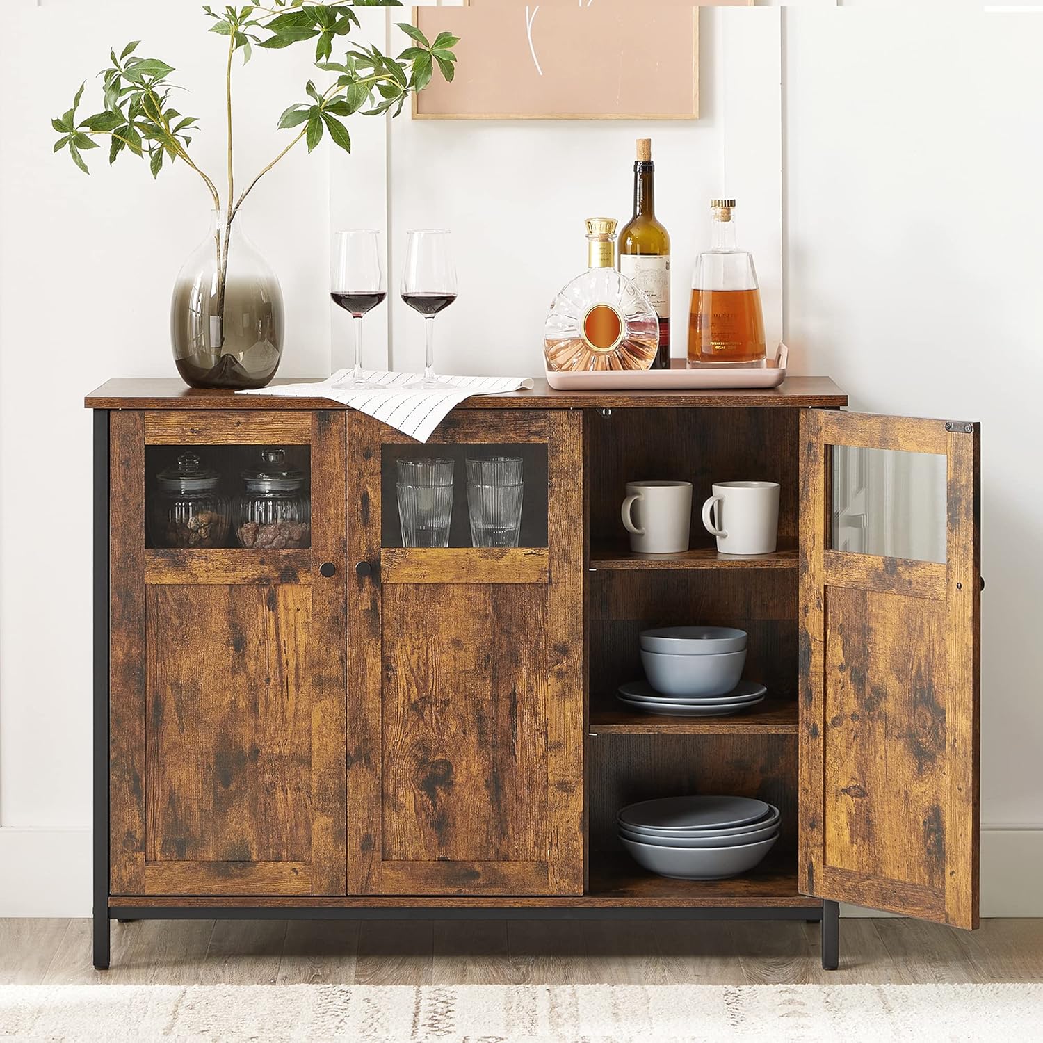 VASAGLE Sideboard, Küchenschrank, Aufbewahrungsschrank, mit Glastüren, für Wohnzimmer, Küche, Esszimmer, Stahlrahmen, Industriestil, vintagebraun-tintenschwarz LSC099B01 — Ansicht 4